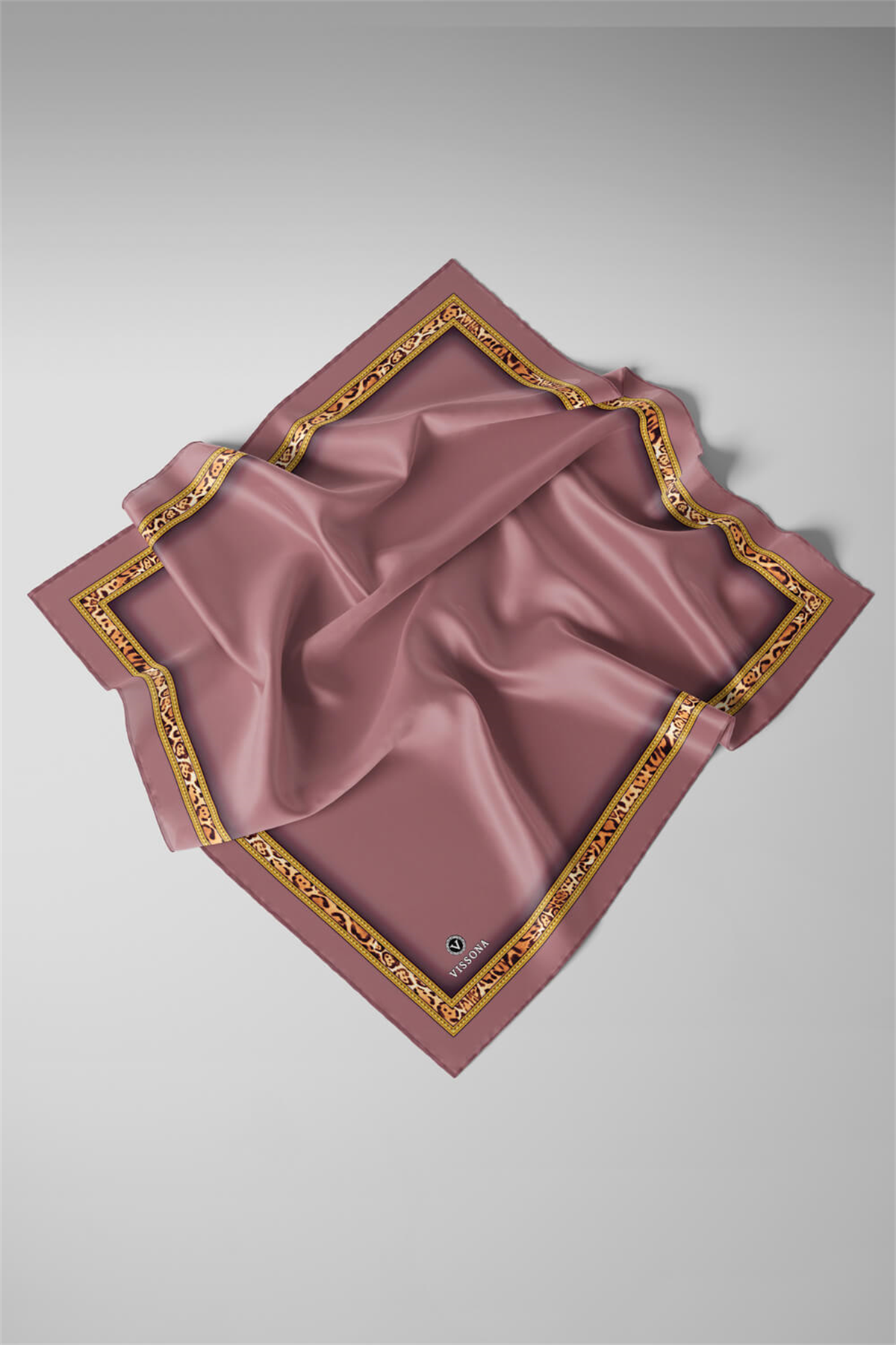 %100 Twill İpek Bordürü Leoparlı Düz Desenli Gül Kurusu - Gold Renkli 90x90 Eşarp Dikim Şekli : El Dikişi