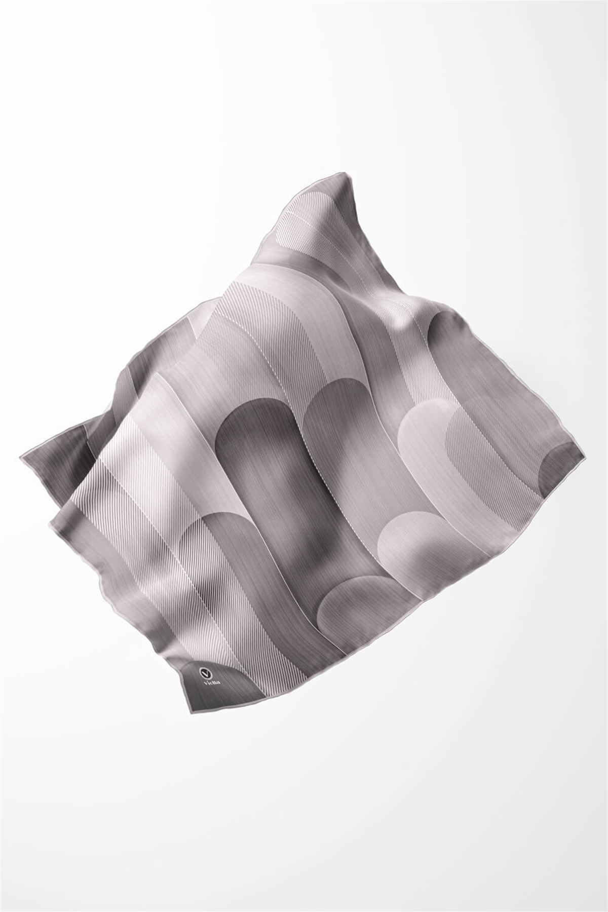 Twill Geometrik Desenli Gri Renkli 90x90 Eşarp (İpek İçermez) Kenar Dikiş Şekli El Dikişli