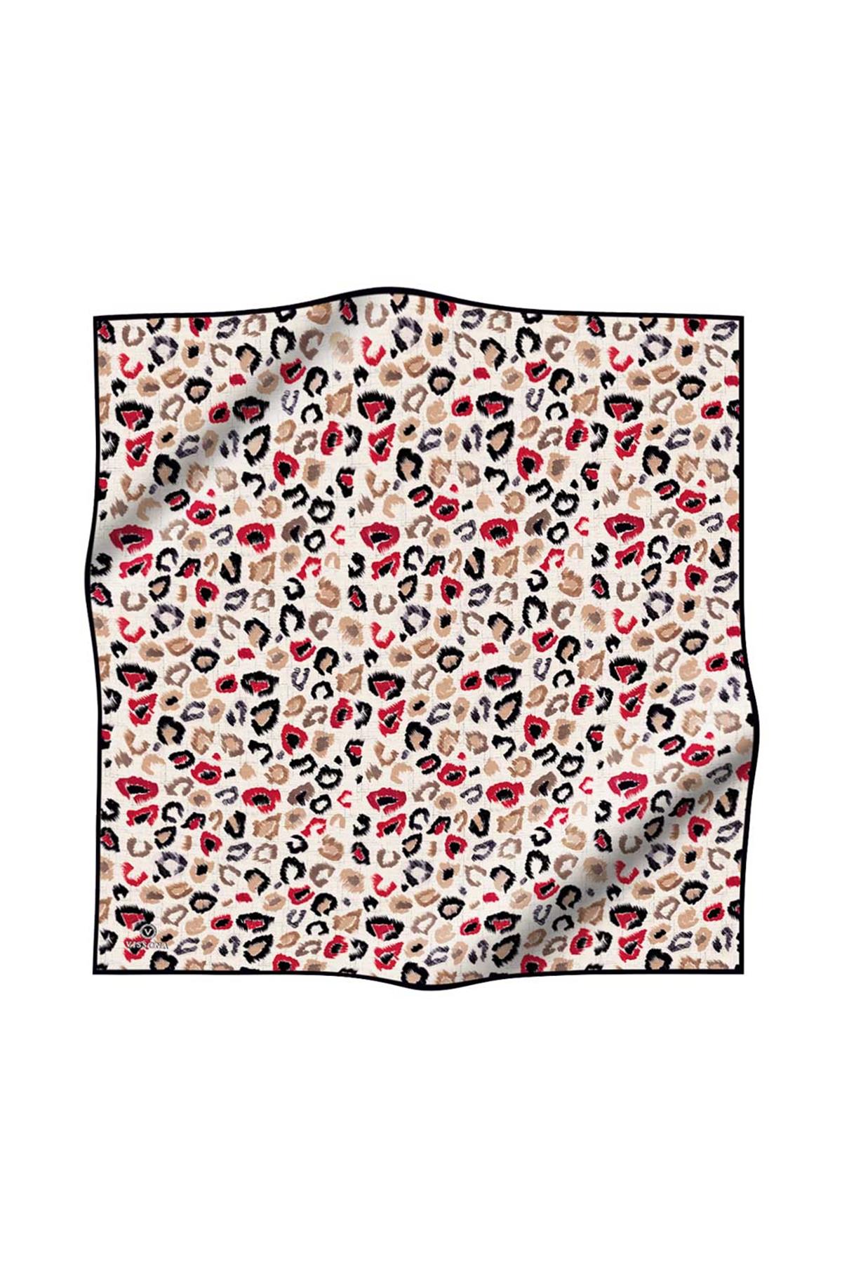 %100 Twill İpek Renkli Leopari Desenli Kırmızı - Siyah Renkli 90x90 Eşarp Kenar Dikiş Şekli El Dikişli