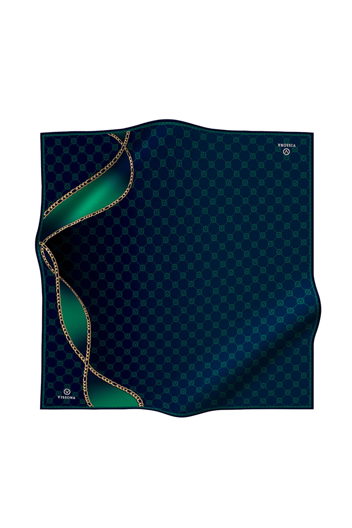% 57 İPEK % 43 VİSKON Twill İpek Zincirli Ve Monogram Desenli Lacivert - Zümrüt Yeşili Renkli 90x90 Eşarp Dikim Şekli : El Dikişi