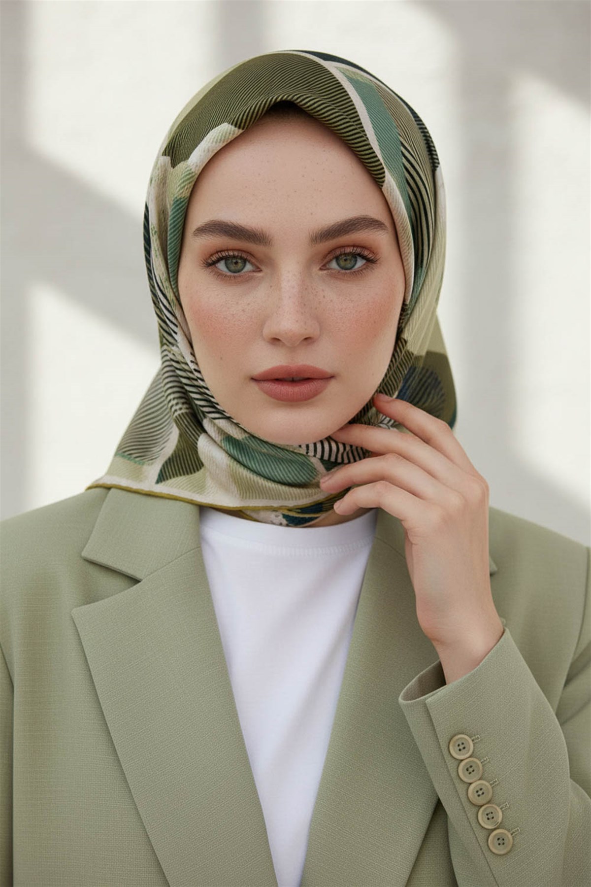 %100 Twill İpek Geometri Desenli Küf Yeşili - Krem Renkli 90x90 Eşarp Kenar Dikiş Şekli El Dikişli