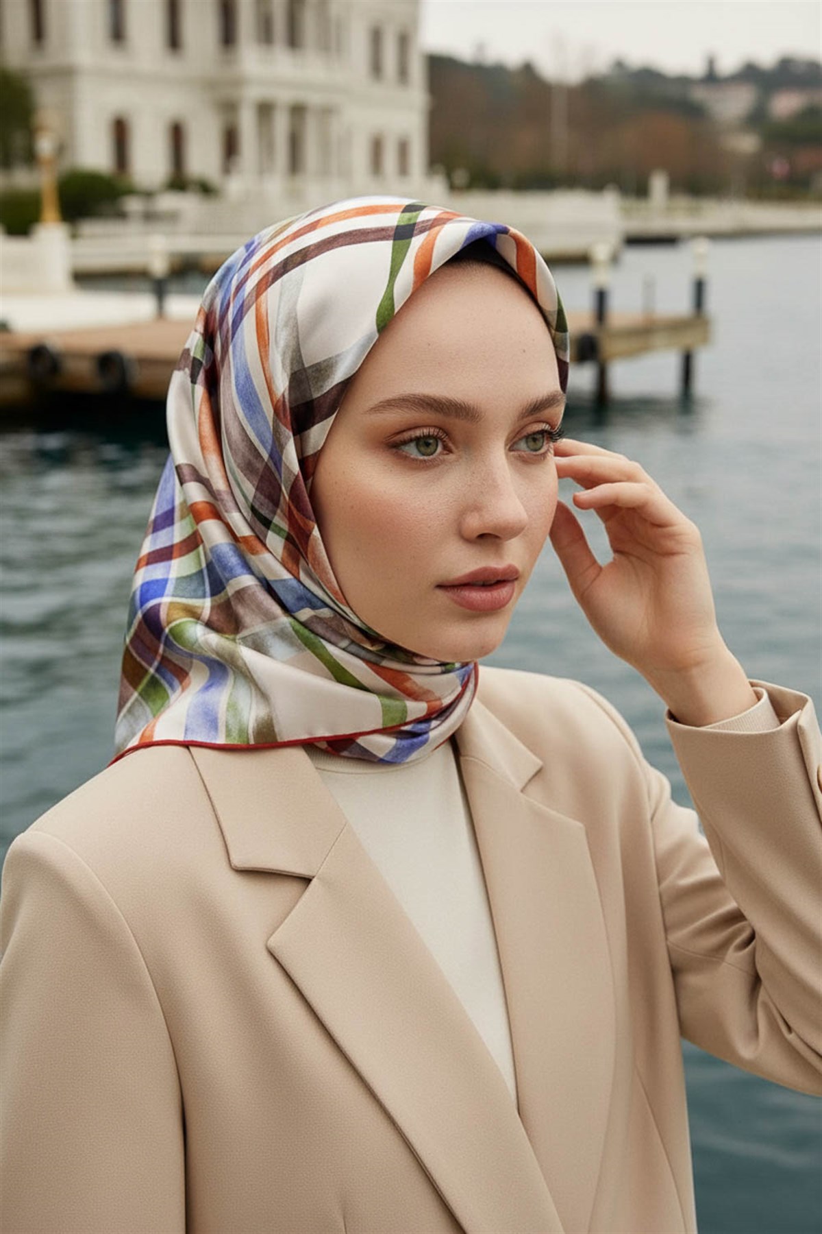 %100 Twill İpek Ekose Desenli Taba - Haki Renkli 90x90 Eşarp Kenar Dikiş Şekli El Dikişli