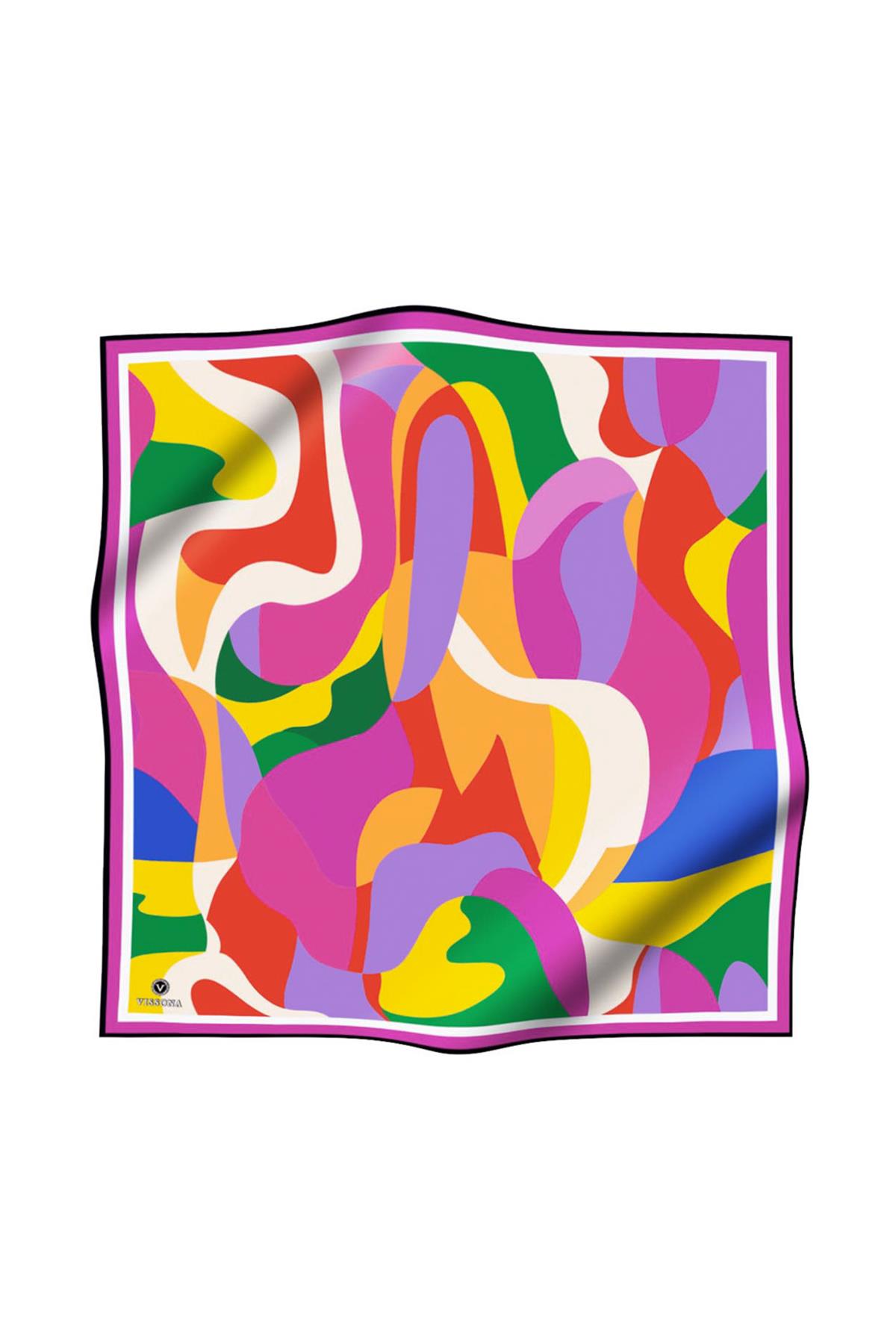%100 Twill İpek Geometrik Desenli Fuşya Renkli 90x90 Eşarp Dikim Şekli : El Dikişi
