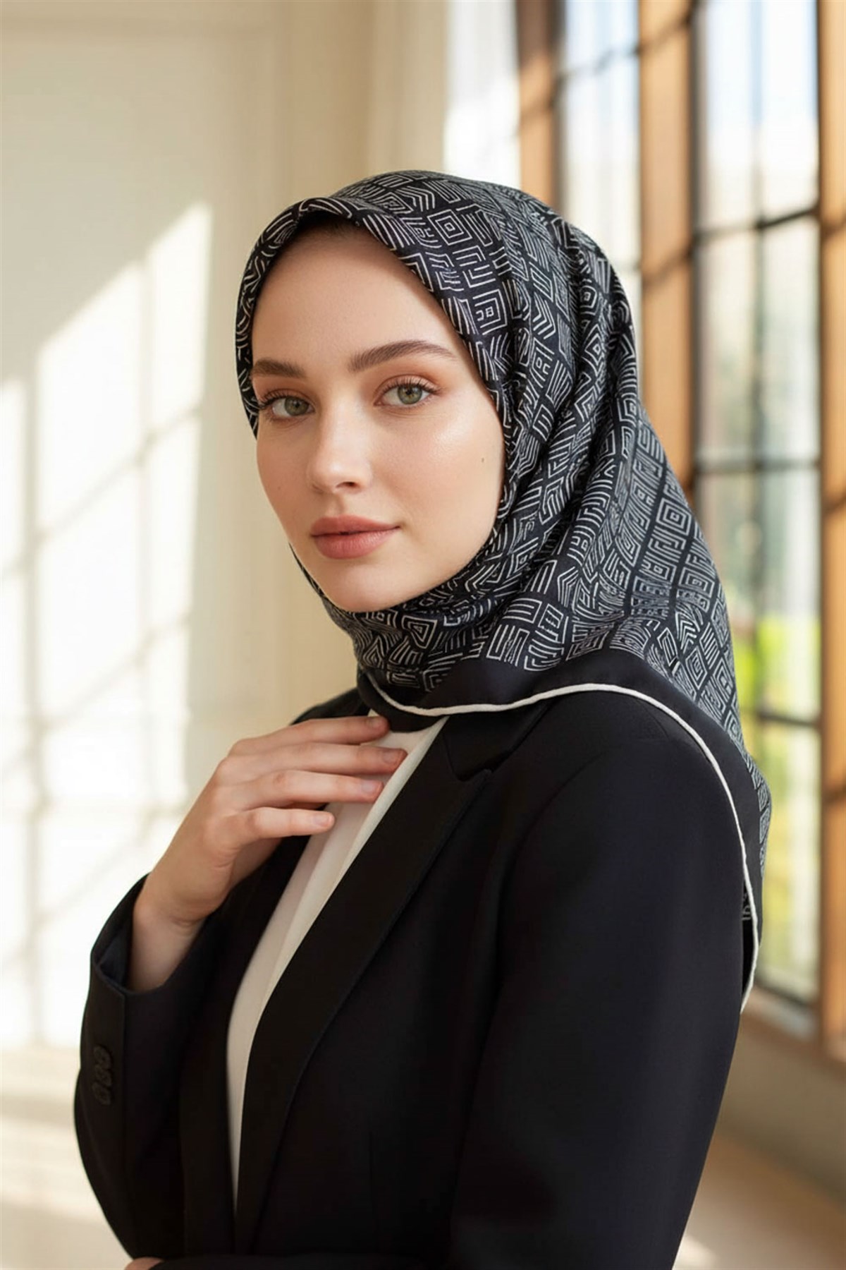 100% Twill İpek Etnik Motif Desenli Siyah - Krem Renkli 90x90 Dikim Şekli : El Dikişi Eşarp