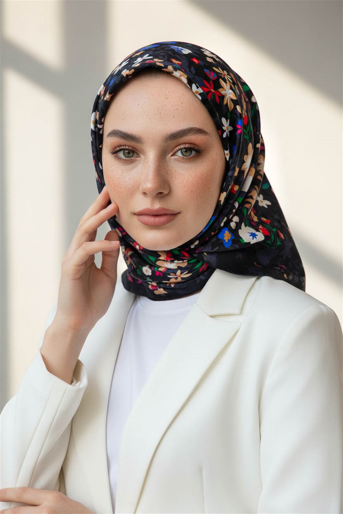 %100 Twill İpek Çıtır Çiçek Desenli Siyah - Fuşya Renkli 90x90 Eşarp Dikim Şekli : El Dikişi