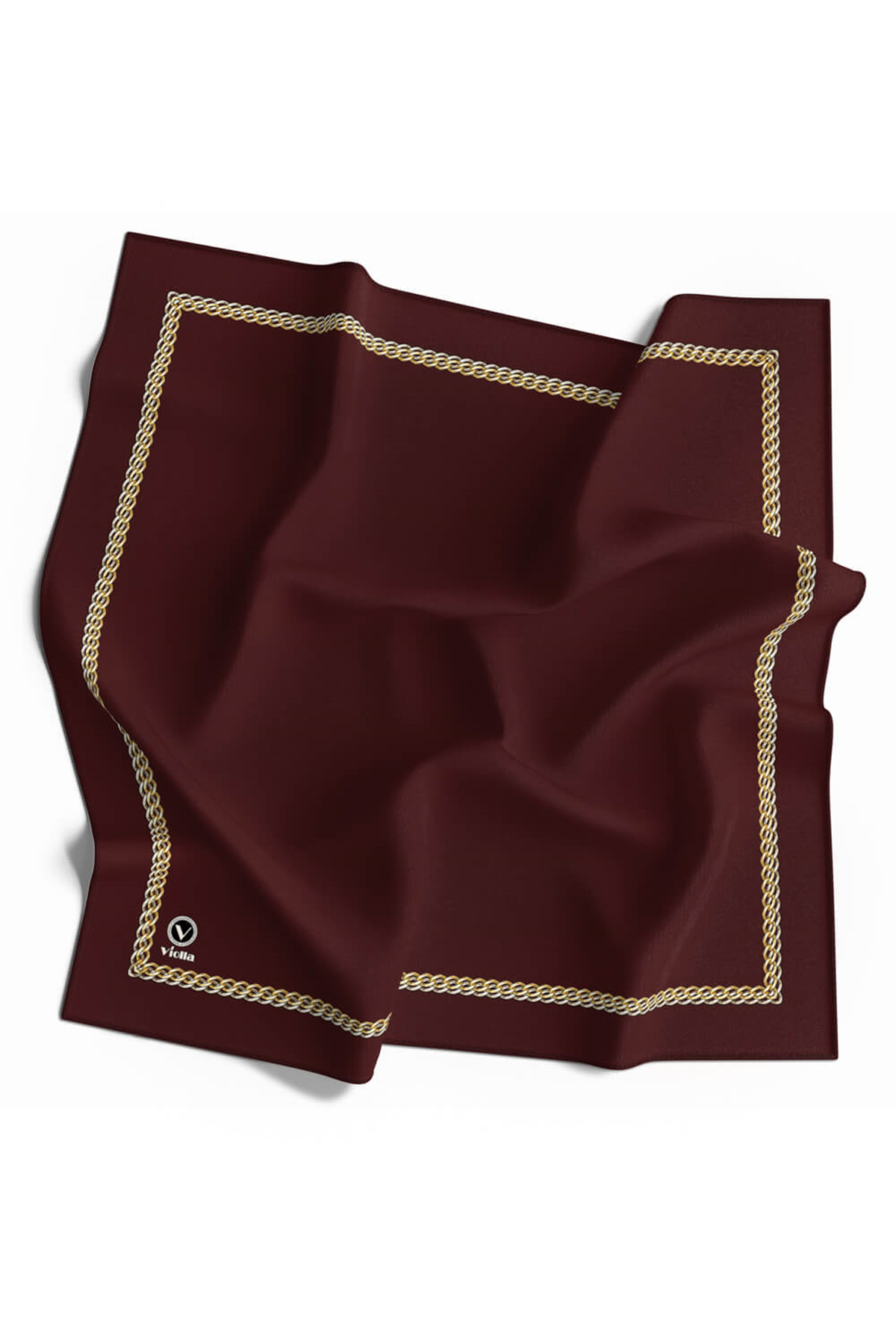 Twill Kenar Motifi Zincir Desenli Düz Bordo Renkli 90x90 Dikim Şekli : El Dikişi Eşarp (İpek İçermez)