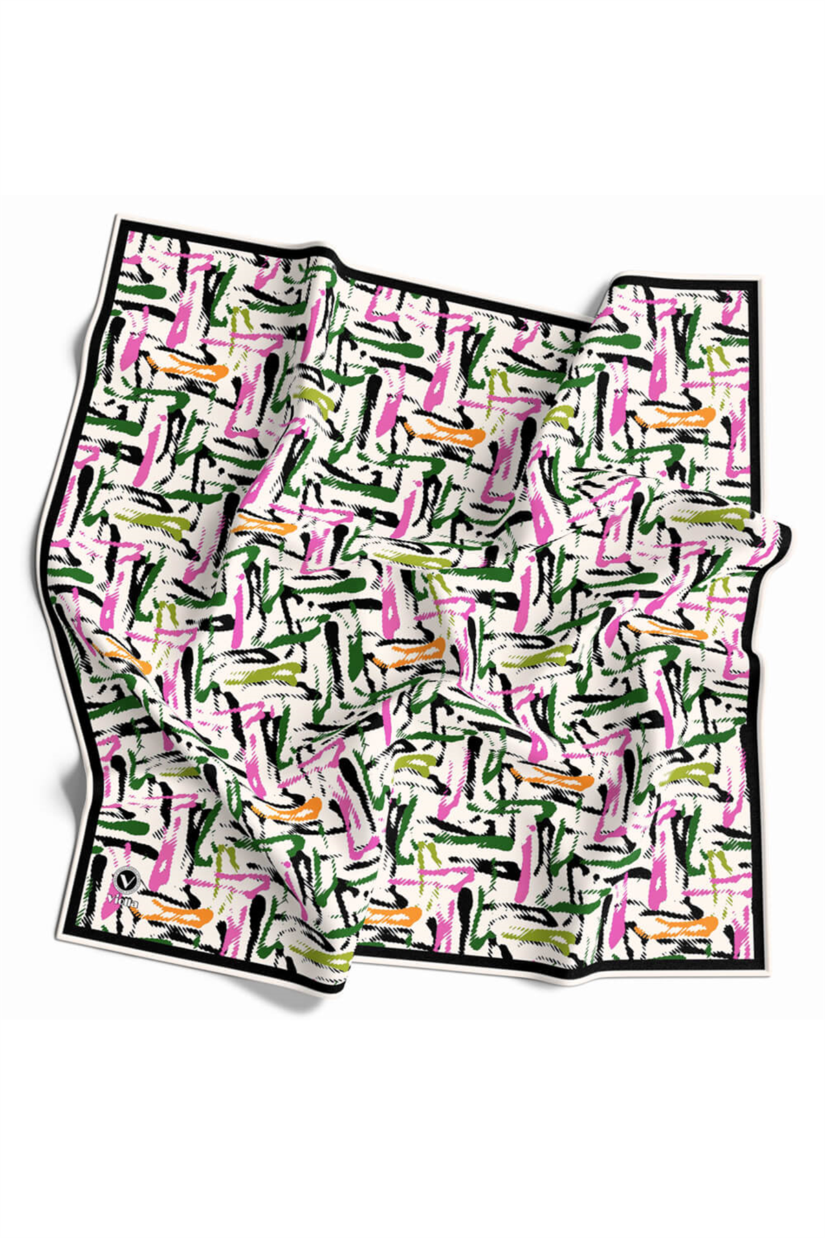 Twill Geometrik Desenli Pembe - Zümrüt Yeşili Renkli 90x90 Eşarp (İpek İçermez) Dikim Şekli : El Dikişi