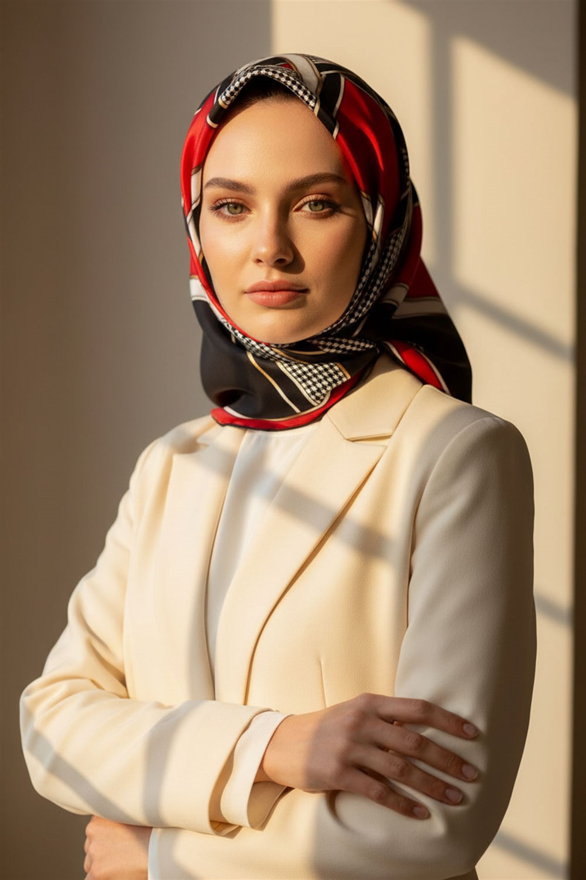 %100 Twill İpek Kareli Kazayaklı Desenli Siyah - Kırmızı Renkli 90x90 Eşarp Kenar Dikiş Şekli El Dikişli