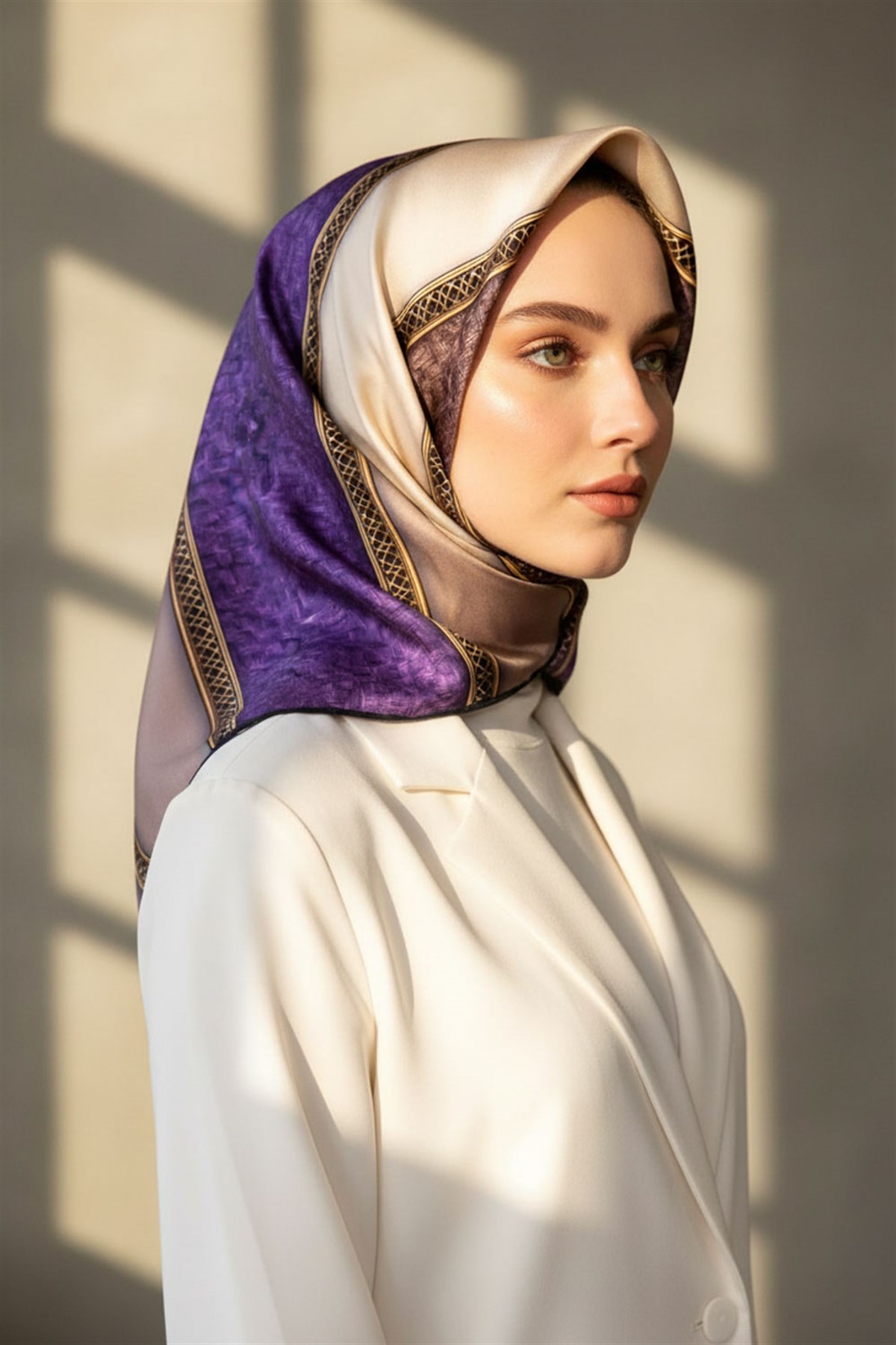 %100 Twill İpek Dokulu Ve Şerit Desenli Mor - Somon Renkli 90x90 Eşarp Dikim Şekli : El Dikişi