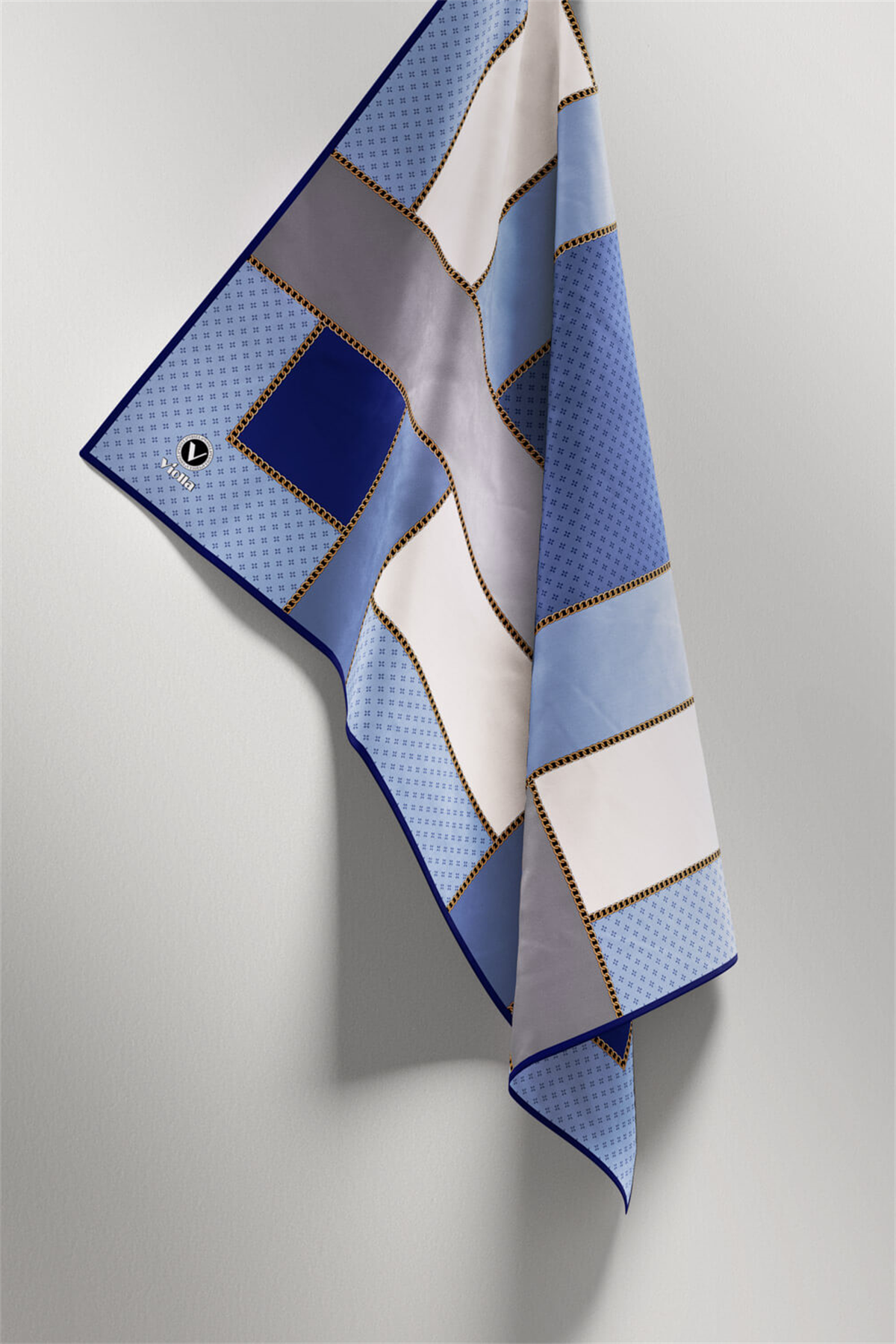 Twill Geometrik Desenli İndigo - Gri Renkli 90x90 Eşarp (İpek İçermez) Kenar Dikiş Şekli El Dikişli