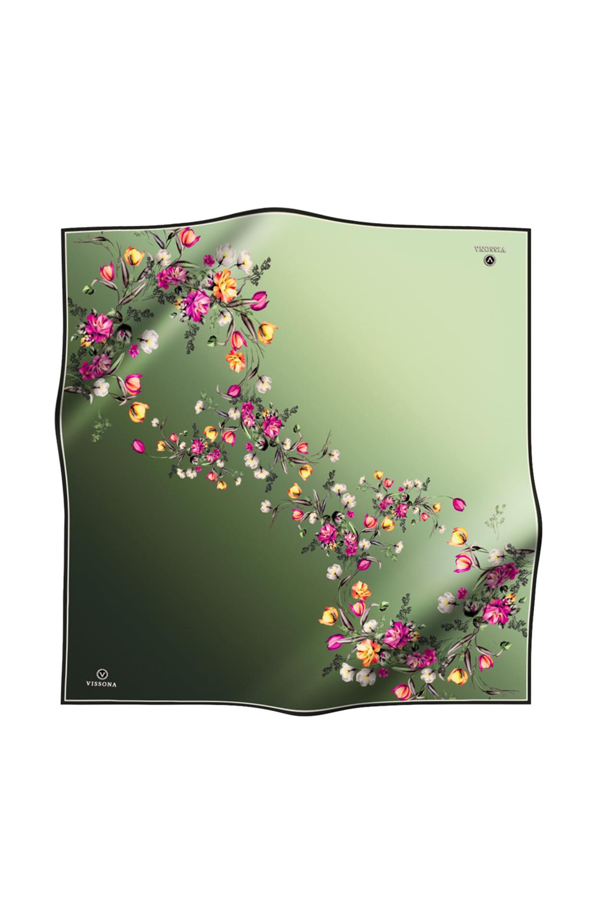 %100 Twill İpek Sonsuz Çiçek Desenli Haki Renkli 90x90 Eşarp Dikim Şekli : El Dikişi