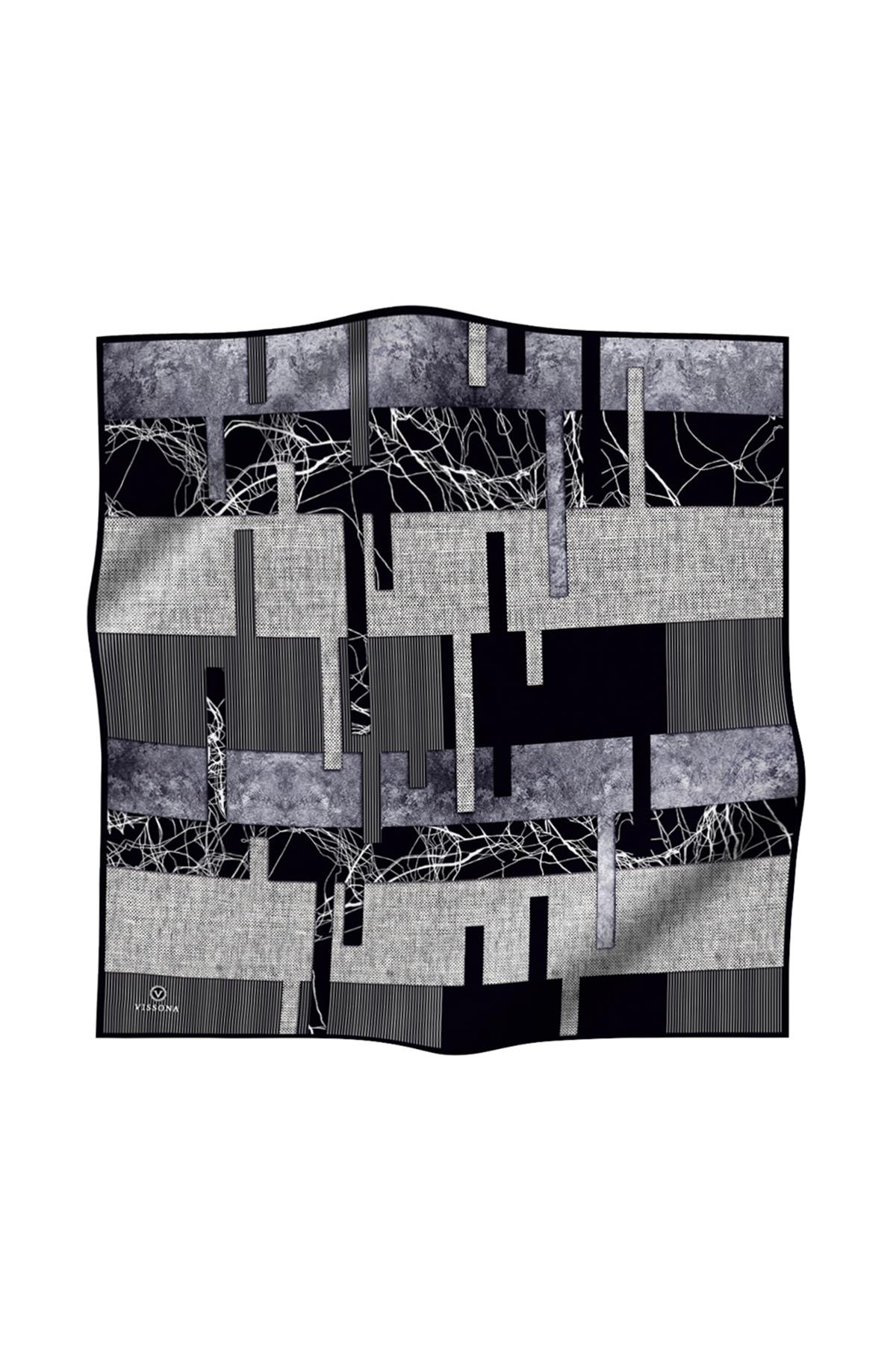 %100 Twill İpek Geometrik Desenli Siyah - Gri Renkli 90x90 Eşarp Dikim Şekli : El Dikişi