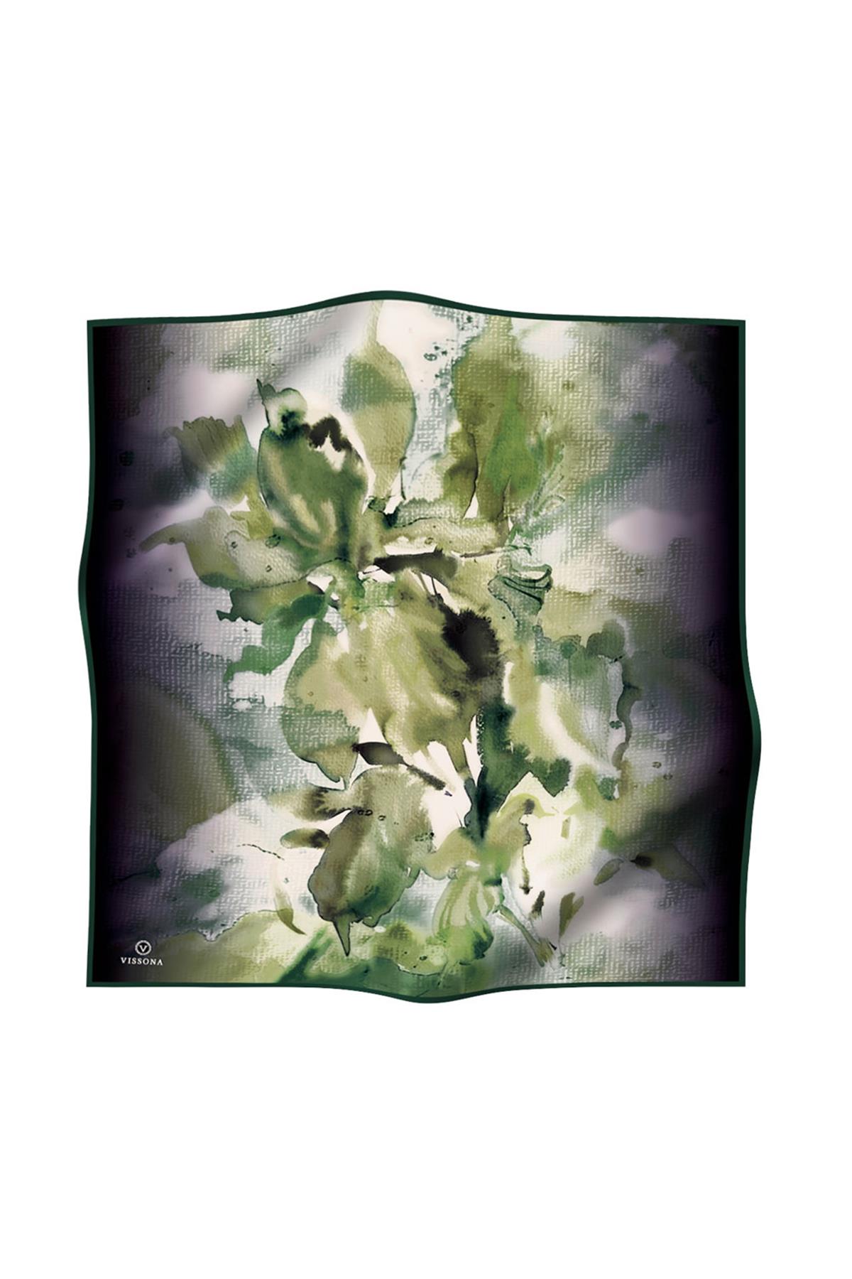 %100 Twill İpek Suluboya Çiçek Desenli Zümrüt Yeşili - Haki Yeşili Renkli 90x90 Eşarp Dikim Şekli : El Dikişi