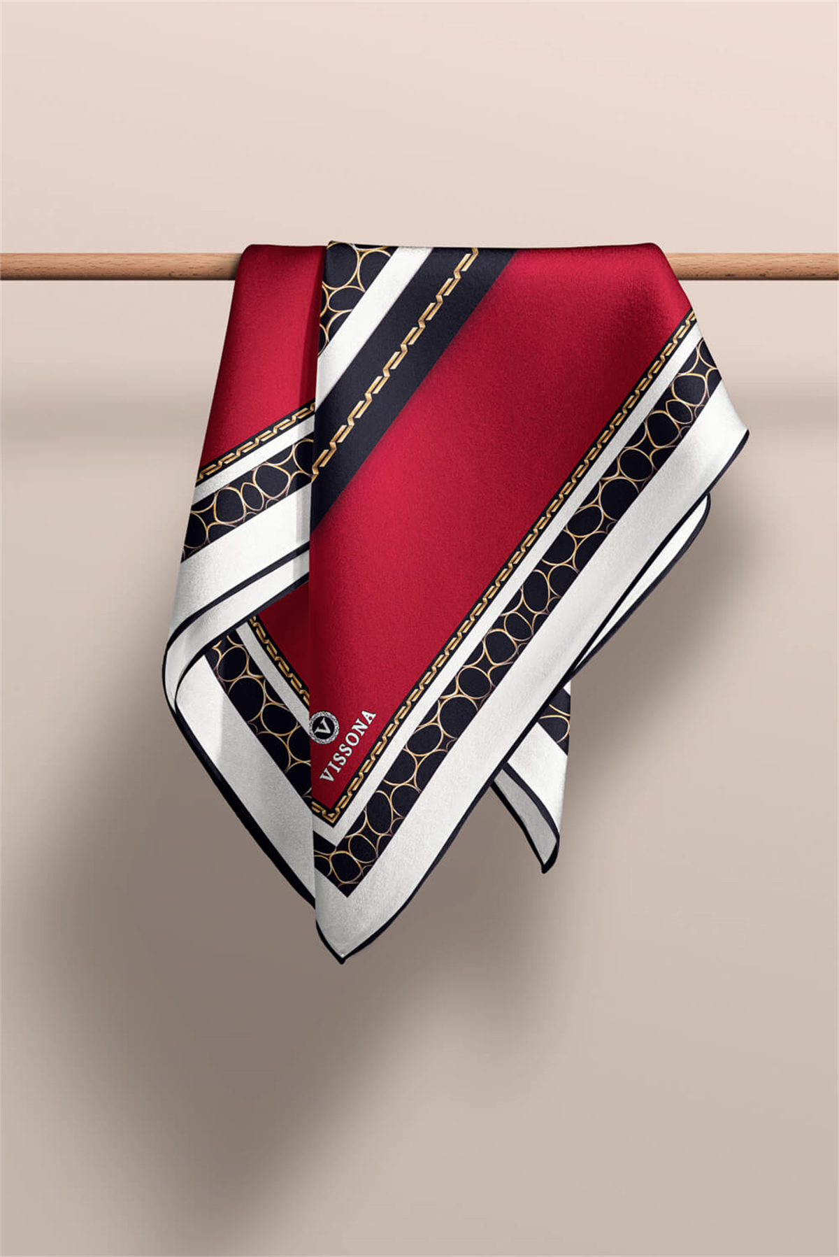 % 57 İPEK % 43 VİSKON Twill İpek Gold Halka Desenli Bordo - Siyah Renkli 90x90 Eşarp Dikim Şekli : El Dikişi