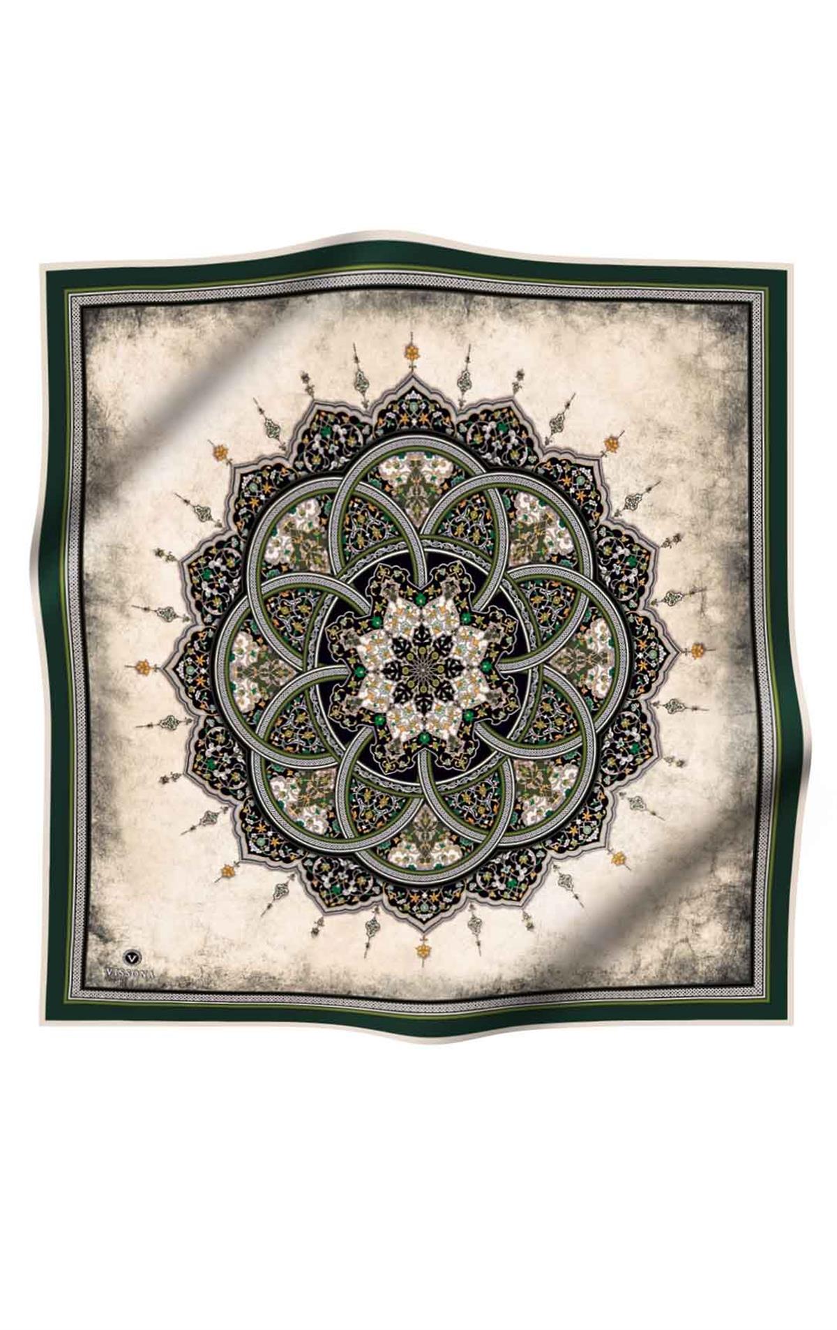 %100 Twill İpek Şal Desenli Siyah - Zümrüt Yeşili Renkli 90x90 Eşarp Dikim Şekli : El Dikişi