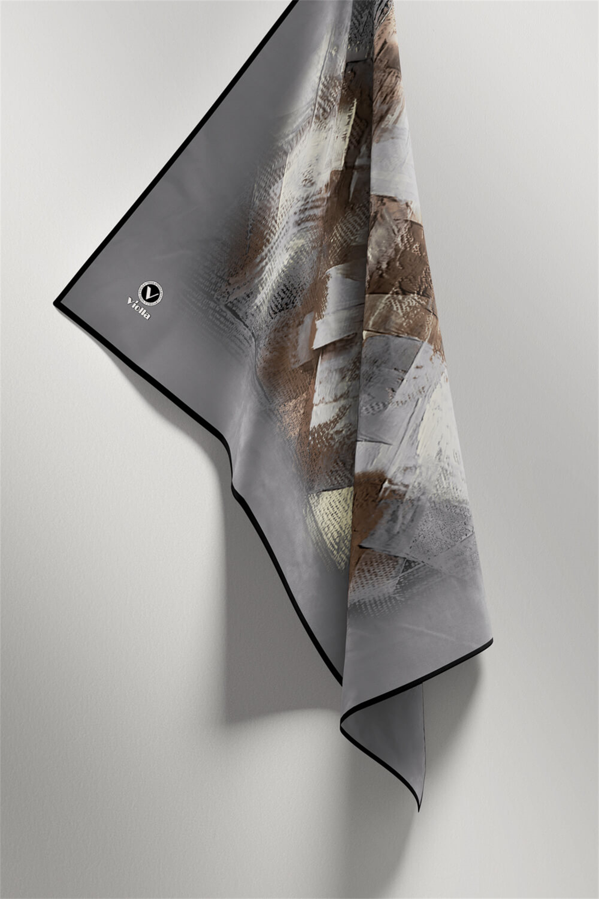 Twill Fırça Efektli Desenli Gri Renkli 90x90 Eşarp (İpek İçermez) Kenar Dikiş Şekli El Dikişli