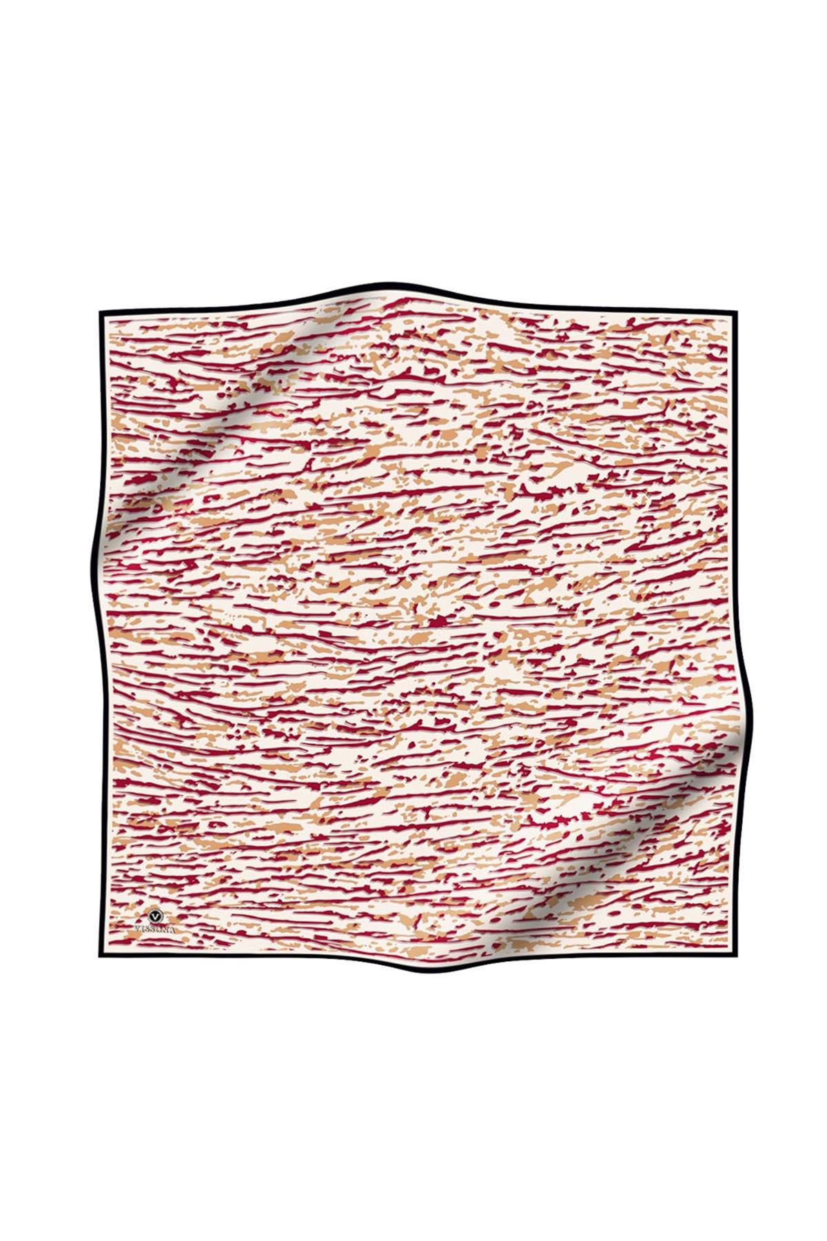 %100 Twill İpek Çizgi Desenli Krem - Bordo Renkli 90x90 Eşarp Dikim Şekli : El Dikişi