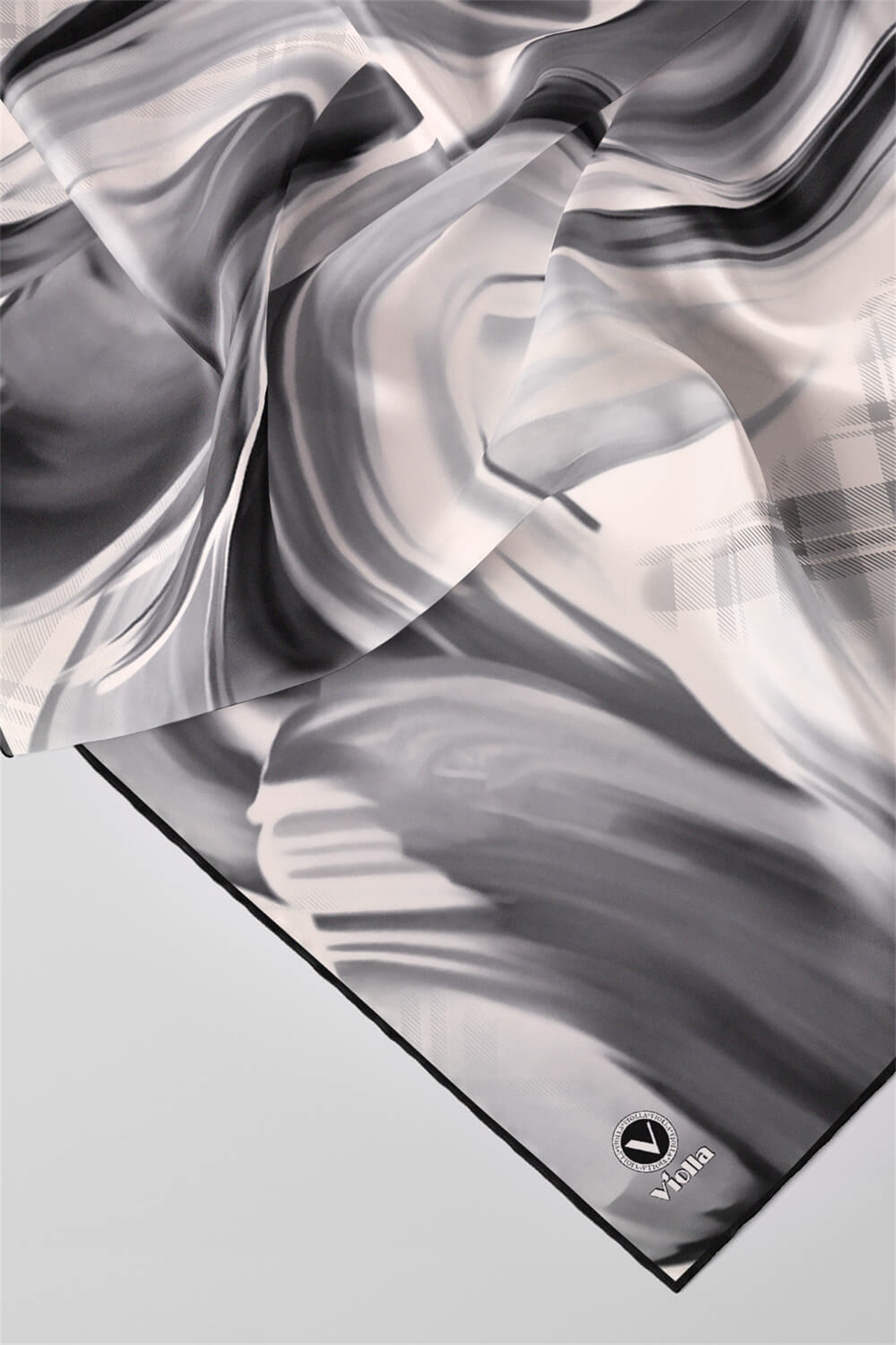 Twill Dalga ve Ekose Desenli Gri Renkli 90x90 Eşarp (İpek İçermez)Kenar Dikiş Şekli El Dikişli