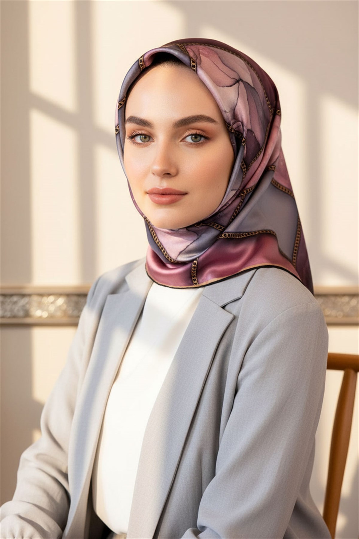 %100 Twill İpek Efektli Bant Desenli Lila - Gri Renkli 90x90 Eşarp Dikim Şekli : El Dikişi