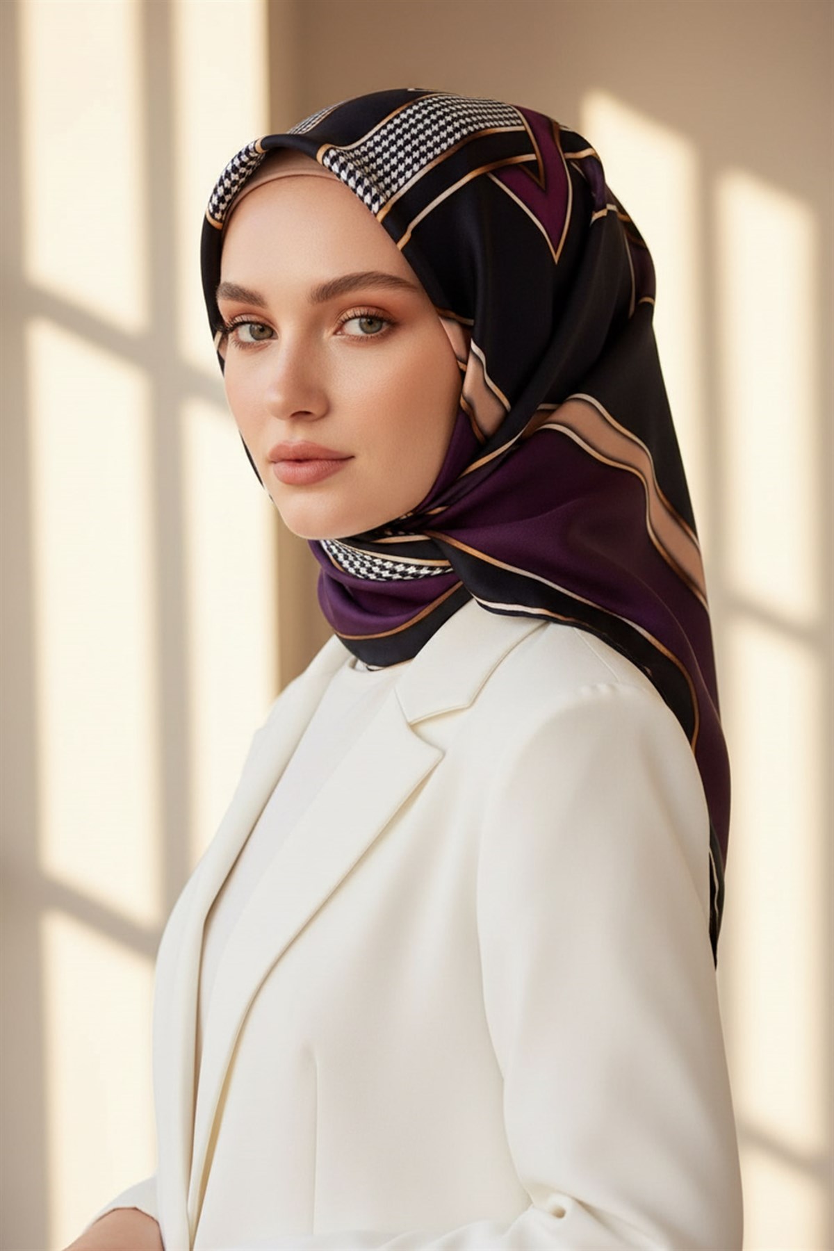 %100 Twill İpek Kareli Kazayaklı Desenli Mürdüm - Lacivert Renkli 90x90 Eşarp Kenar Dikiş Şekli El Dikişli