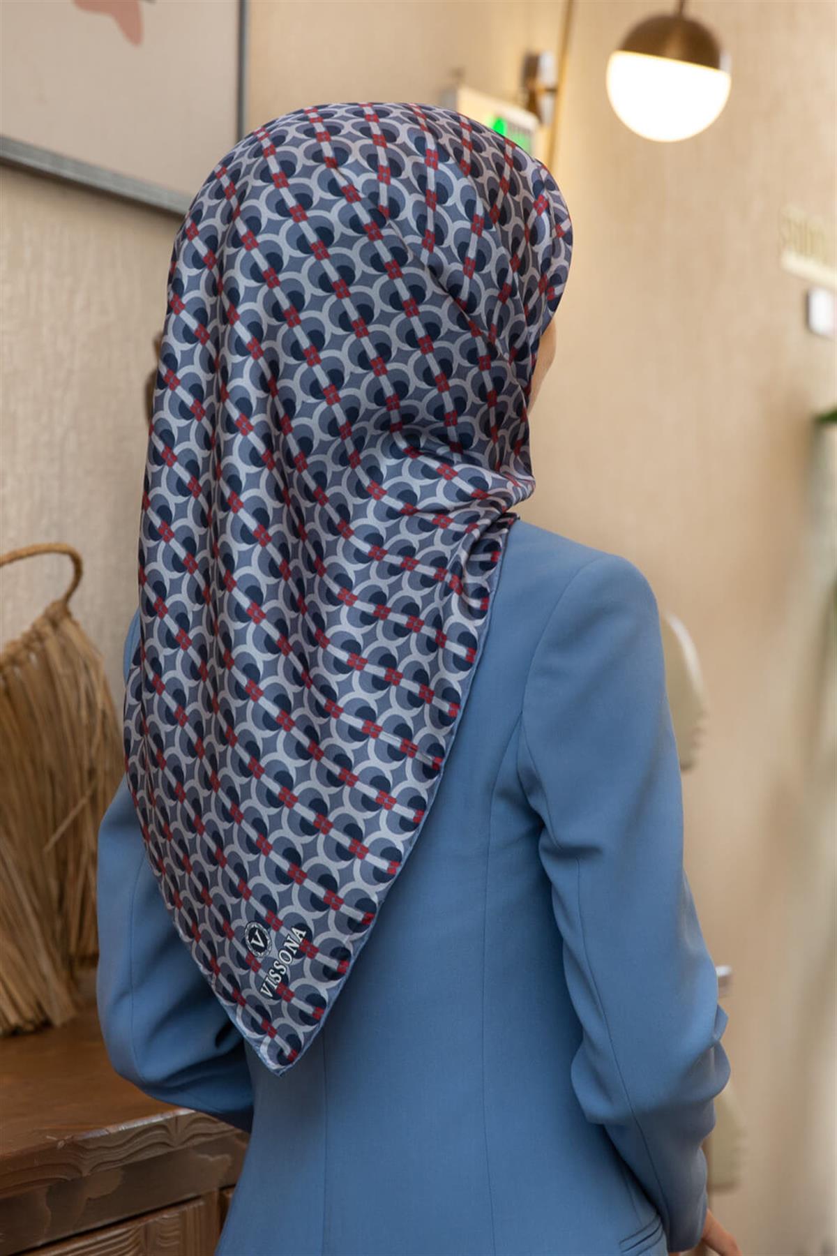 %100 Twill İpek Geometrik Desenli İndigo - Bordo Renkli 90x90 Eşarp Dikim Şekli : El Dikişi