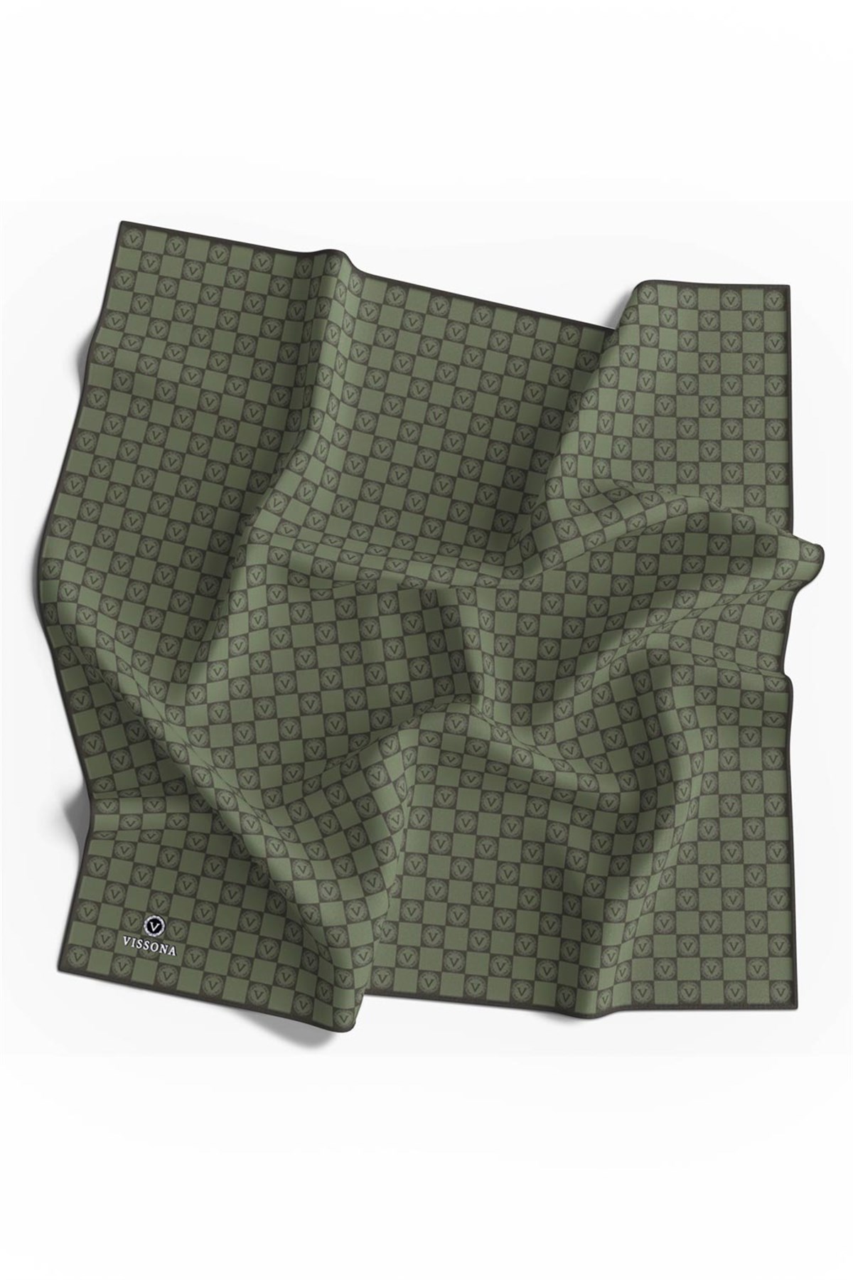 %100 Twill İpek Monogram Desenli Çağla Yeşili Renkli 90x90 Eşarp Dikim Şekli : El Dikişi