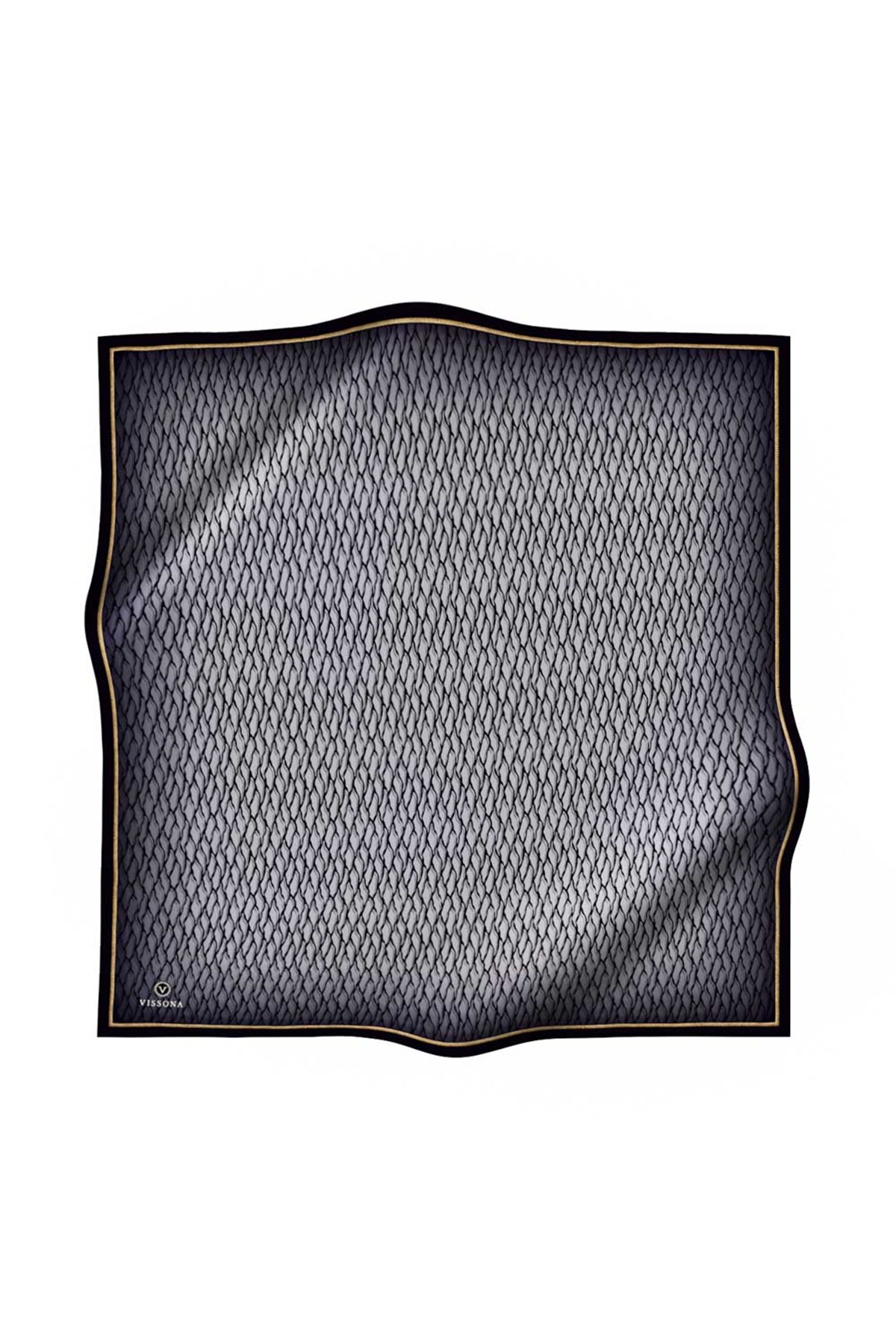 %100 Twill İpek File Desenli Gri - Siyah Renkli 90x90 Eşarp Dikim Şekli : El Dikişi