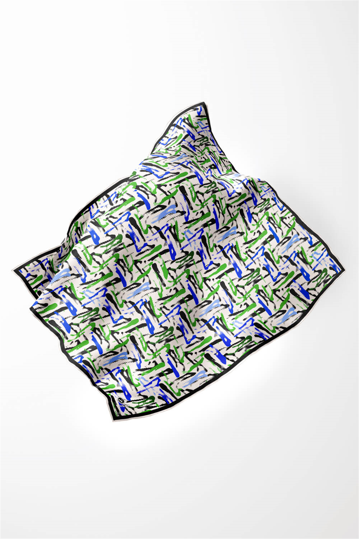 Twill Geometrik Desenli Saks - Zümrüt Yeşili Renkli 90x90 Eşarp (İpek İçermez) Dikim Şekli : El Dikişi