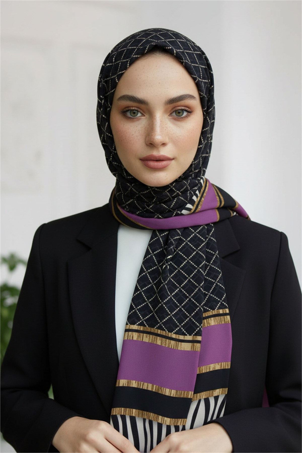 KREP ZEBRALI BAKLAVA DESENLİ LİLA RENKLİ 75X195 KIRIŞMAZ ŞAL