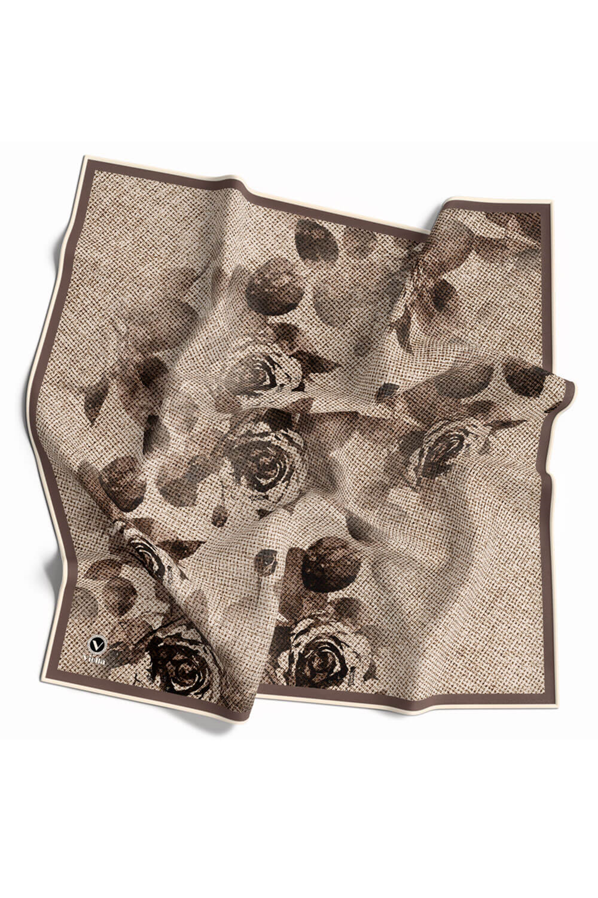 Twill Gül Desenli Vizon Renkli 90x90 Eşarp (İpek İçermez) Kenar Dikiş Şekli El Dikişli