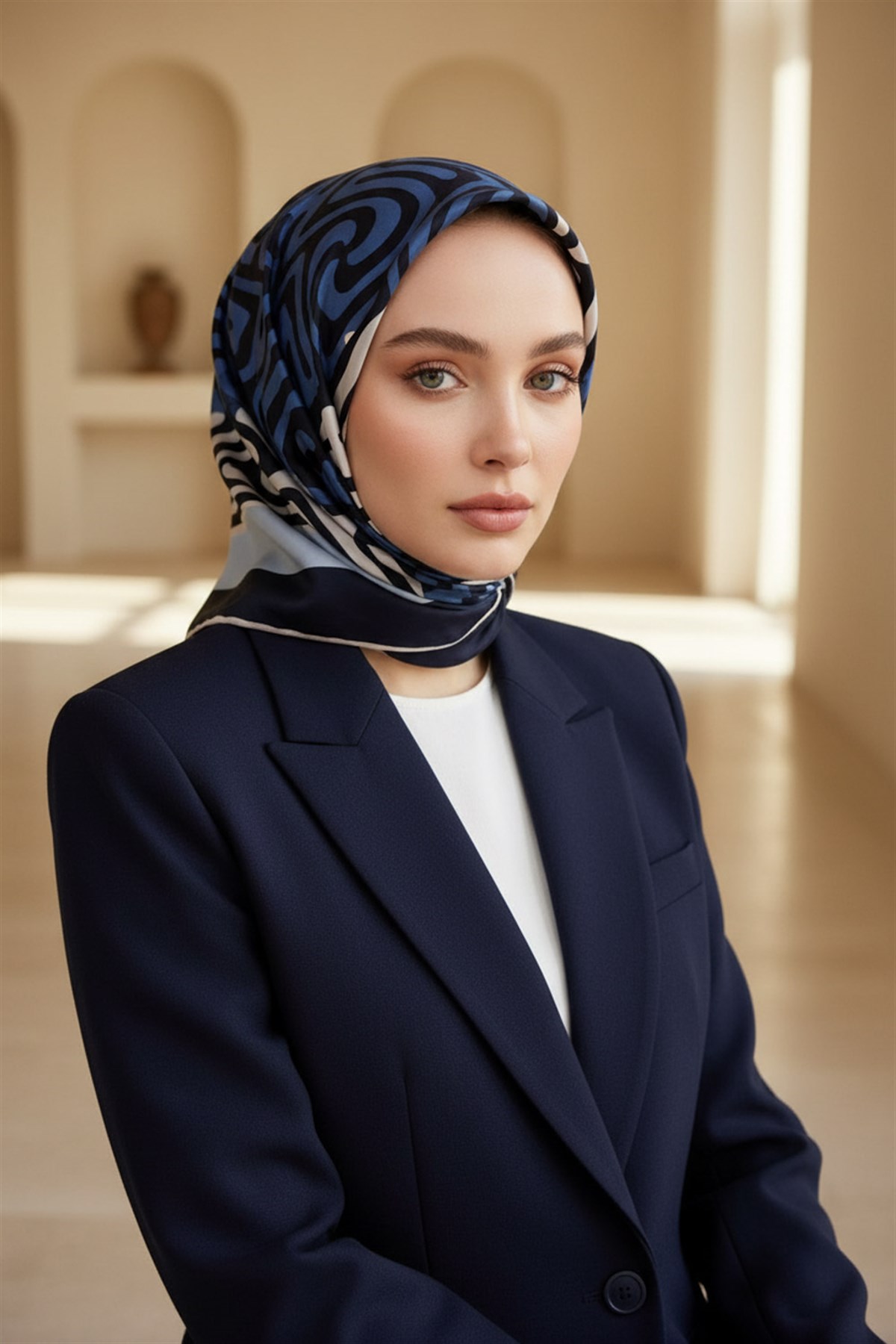 100% Twill İpek Bordürlü Dalga Desenli İndigo - Lacivert Renkli 90x90 Dikim Şekli : El Dikişi Eşarp