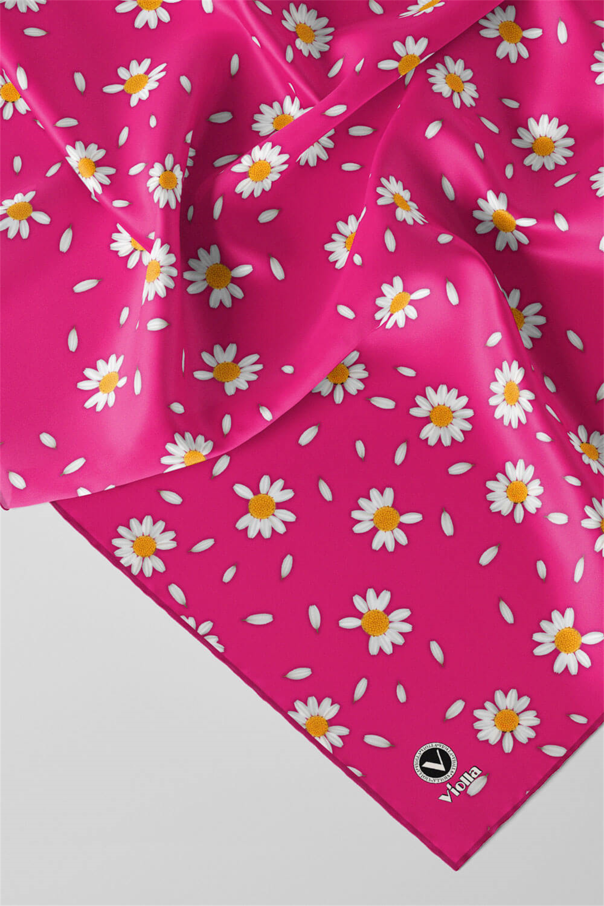 Twill Papatya Desenli Fuşya Renkli 90x90 Eşarp (İpek İçermez) Kenar Dikiş Şekli El Dikişli