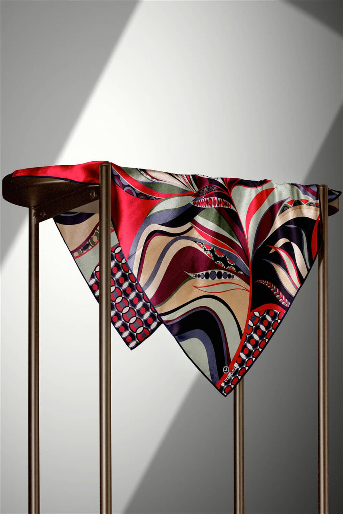 100% Twill Etnik Yaprak Desenli Kırmızı Renkli 90x90 Dikim Şekli : El Dikişi Eşarp