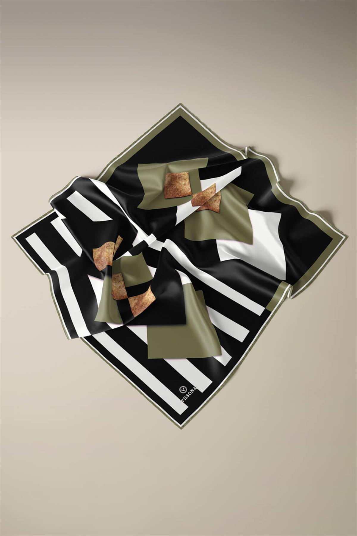 %100 Twill İpek Karo Desenli Haki - Siyah Renkli 90x90 Eşarp Dikim Şekli : El Dikişi