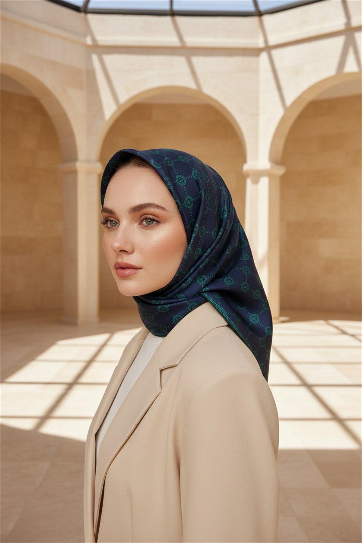 %100 Twill İpek Zincirli Ve Monogram Desenli Lacivert - Zümrüt Yeşili Renkli 90x90 Eşarp Dikim Şekli : El Dikişi
