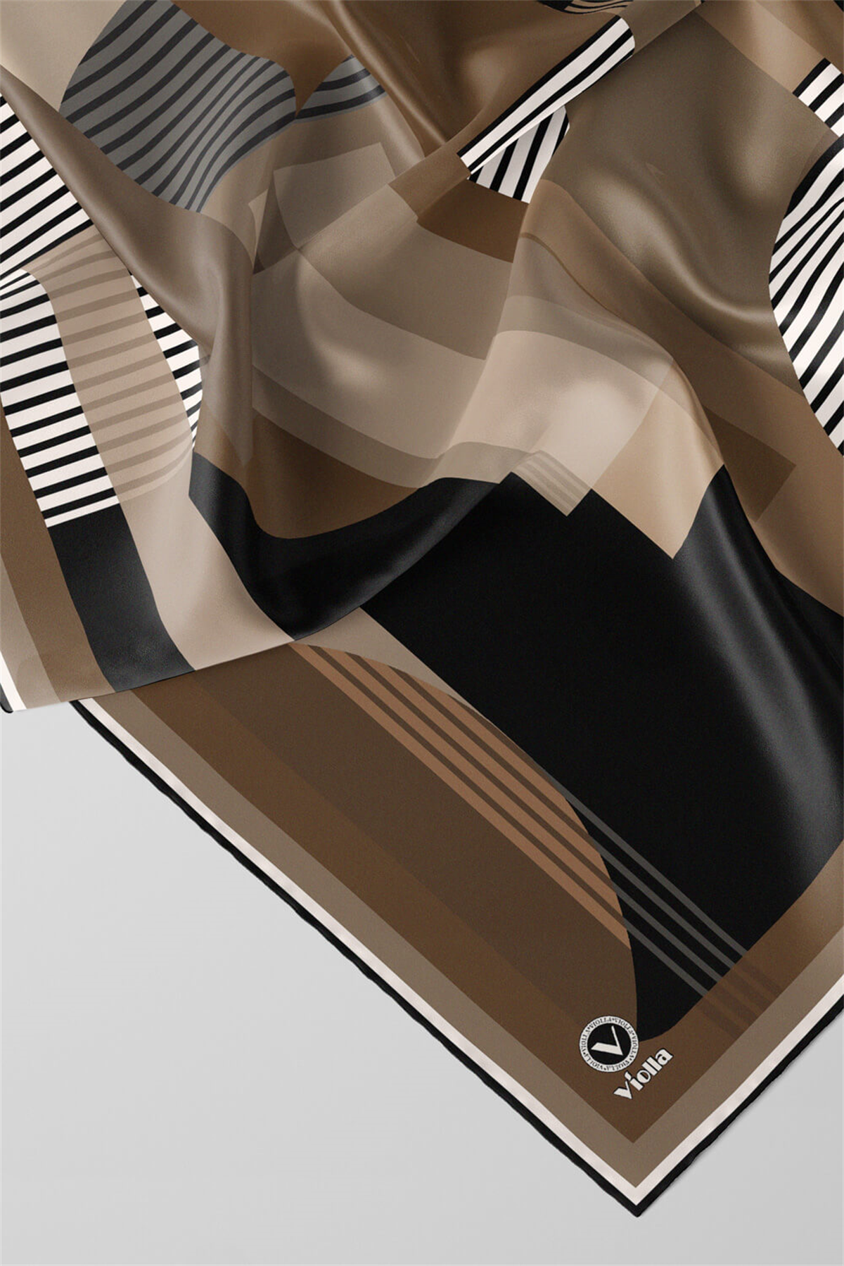 Twill Çizgili Ve Geometrik Desenli Bej Renkli 90x90 Eşarp (İpek İçermez) Kenar Dikiş Şekli El Dikişli