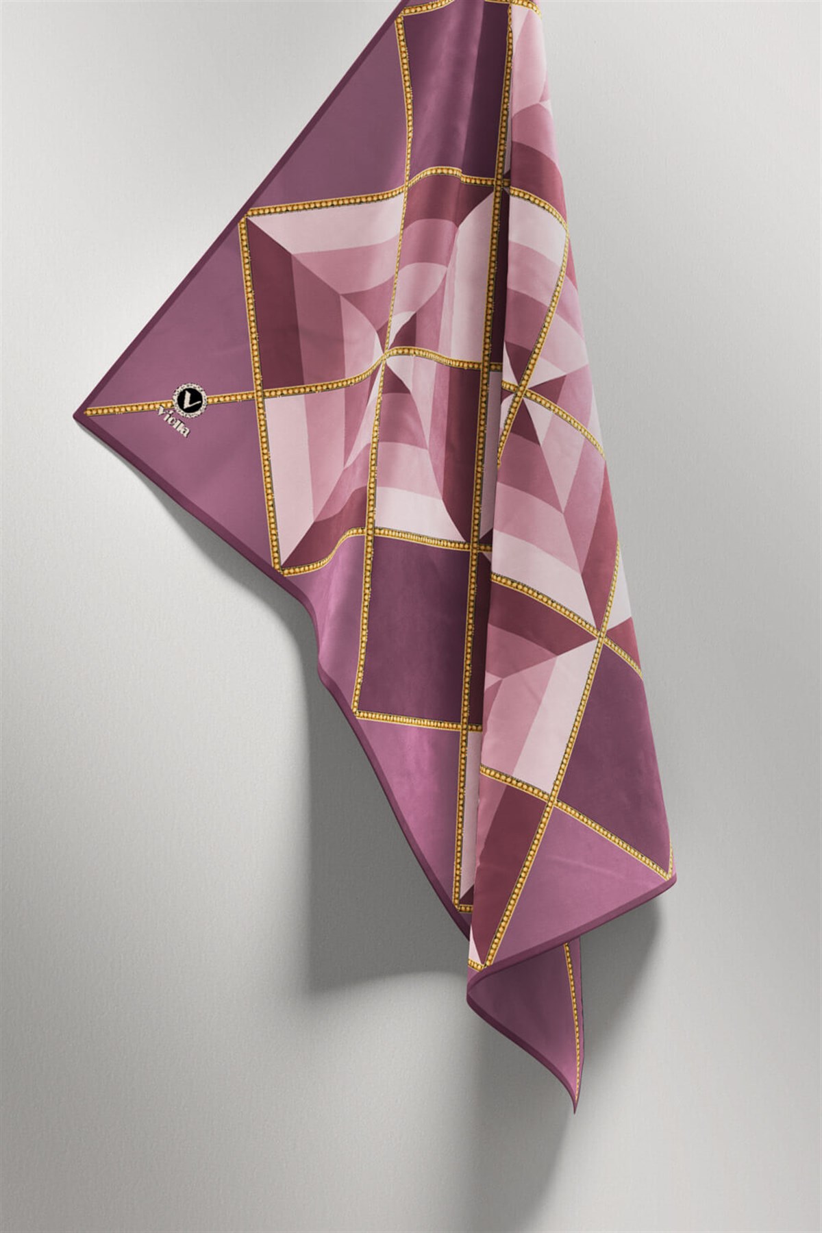 Twill Geometrik Desenli Lila Renkli 90x90 Eşarp (İpek İçermez) Kenar Dikiş Şekli El Dikişli