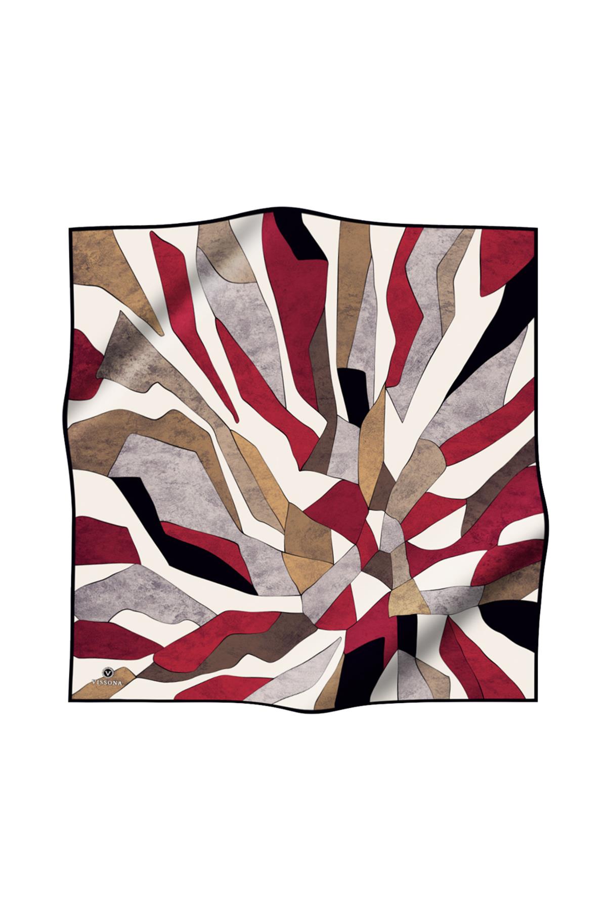 %100 Twill İpek Geometrik Desenli Bej - Bordo Renkli 90x90 Eşarp Dikim Şekli : El Dikişi