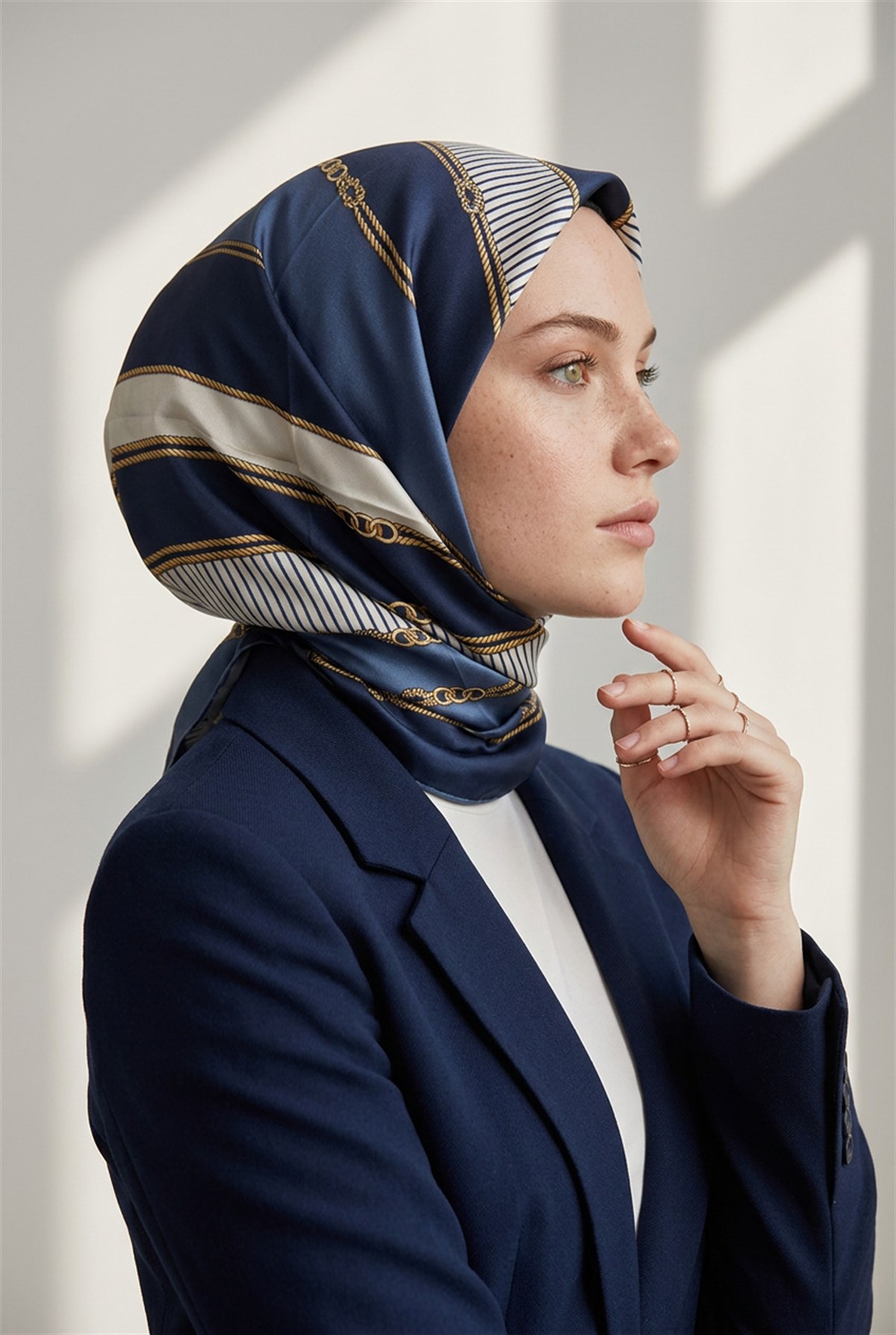 %100 Twill İpek Zincir Detaylı Geometrik Desenli Lacivert - İndigo Renkli 90x90 Eşarp Dikim Şekli : El Dikişi