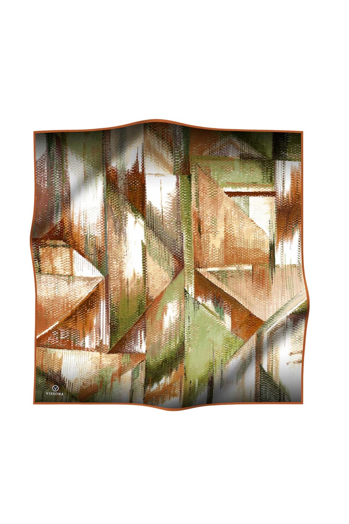 %100 Twill İpek Efektli ve Geometrik Desenli Haki - Taba Renkli 90x90 Eşarp Dikim Şekli : El Dikişi