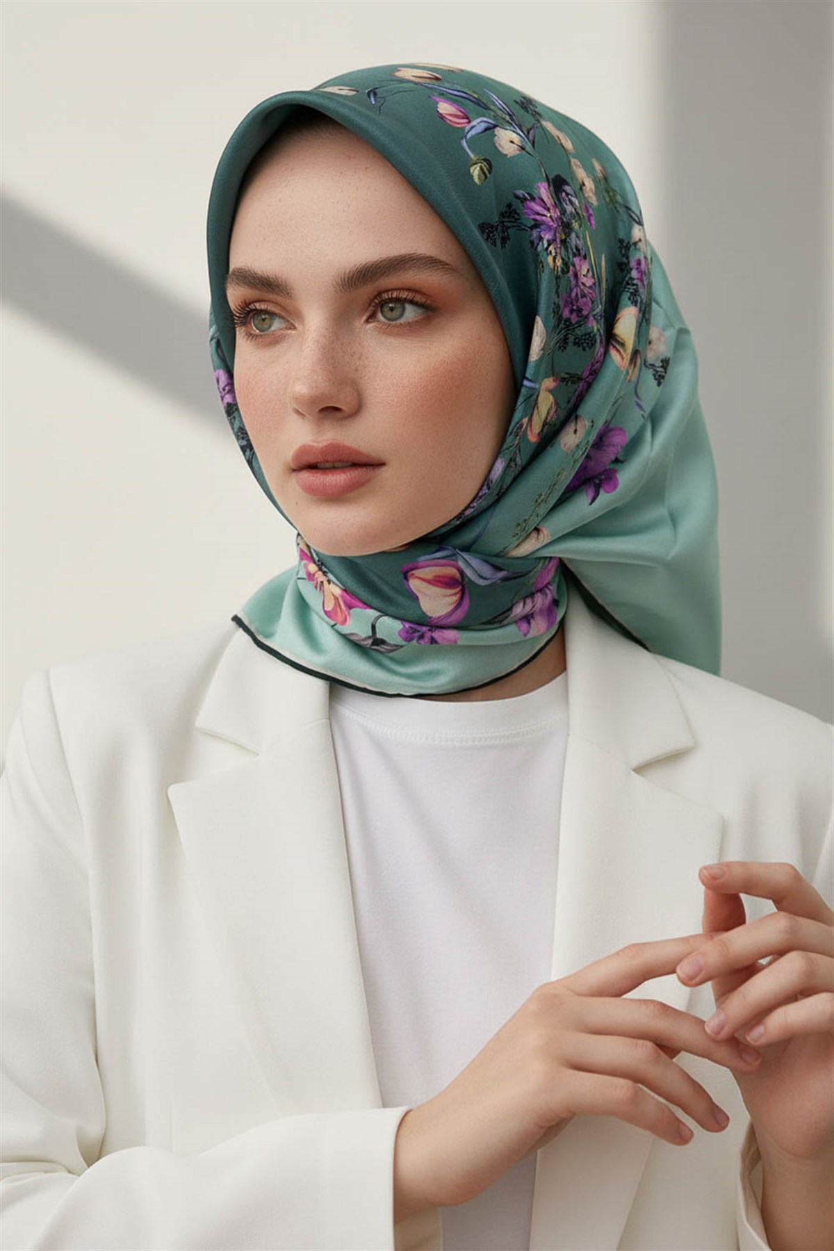 %100 Twill İpek Sonsuz Çiçek Desenli Mint Yeşili Renkli 90x90 Eşarp Dikim Şekli : El Dikişi