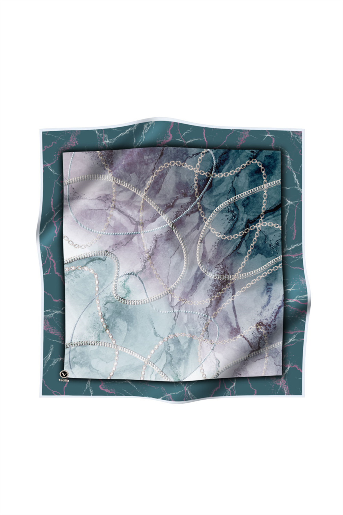 Twill Mermer ve Zincir Desenli Petrol Yeşili Renkli 90x90 Eşarp (İpek İçermez) Kenar Dikiş Şekli El Dikişli