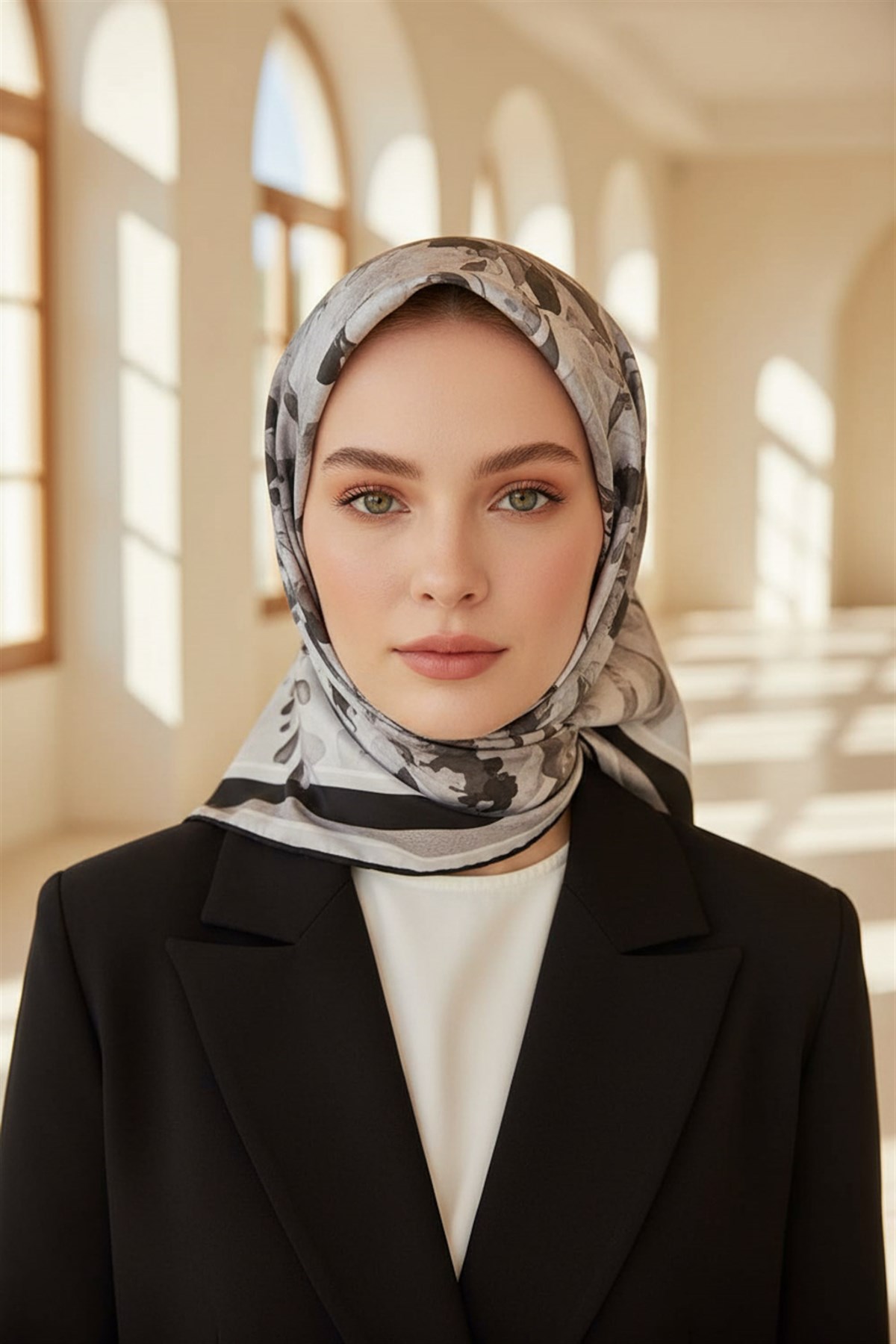 %100 Twill İpek Bahar Çiçekleri Desenli Siyah - Beyaz Renkli 90x90 Eşarp Dikim Şekli : El Dikişi