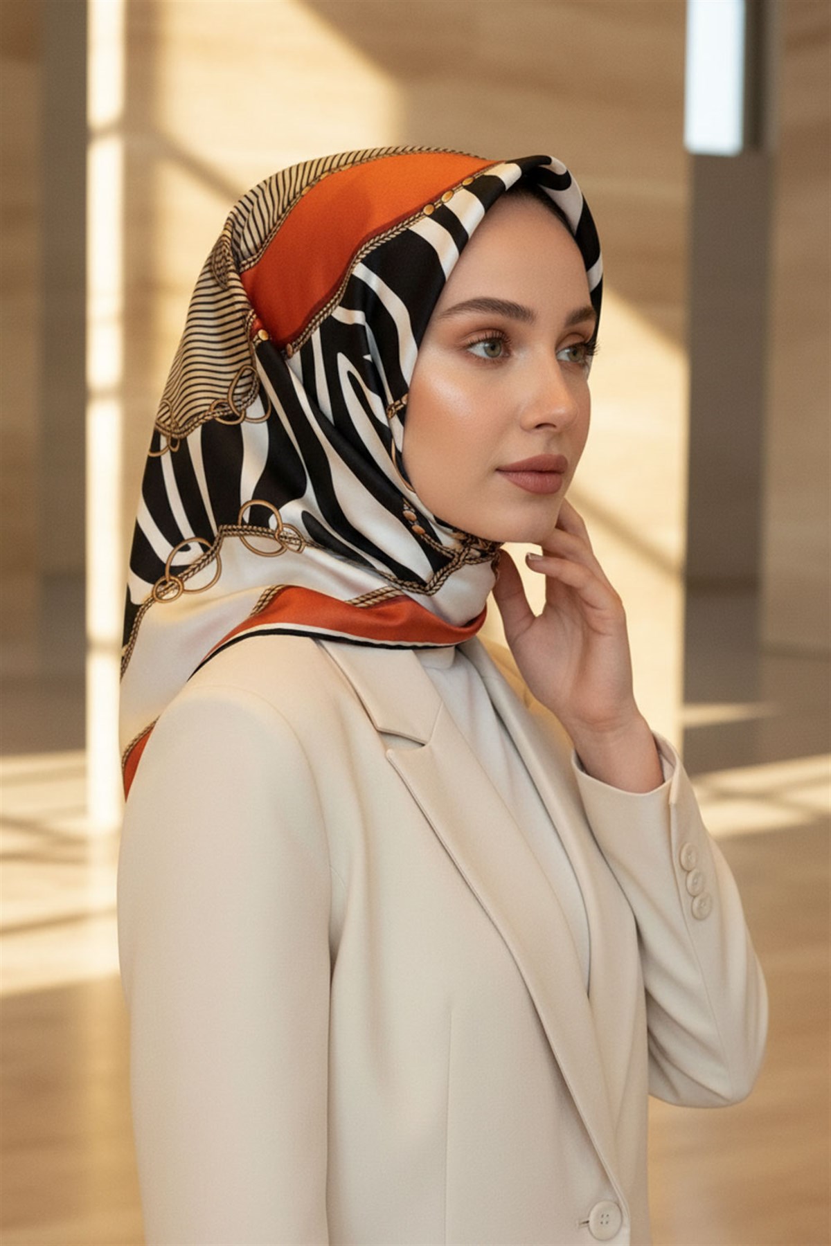 %100 Twill İpek Zincirli Ve Zebra Desenli Taba - Siyah Renkli 90x90 Eşarp Dikim Şekli : El Dikişi