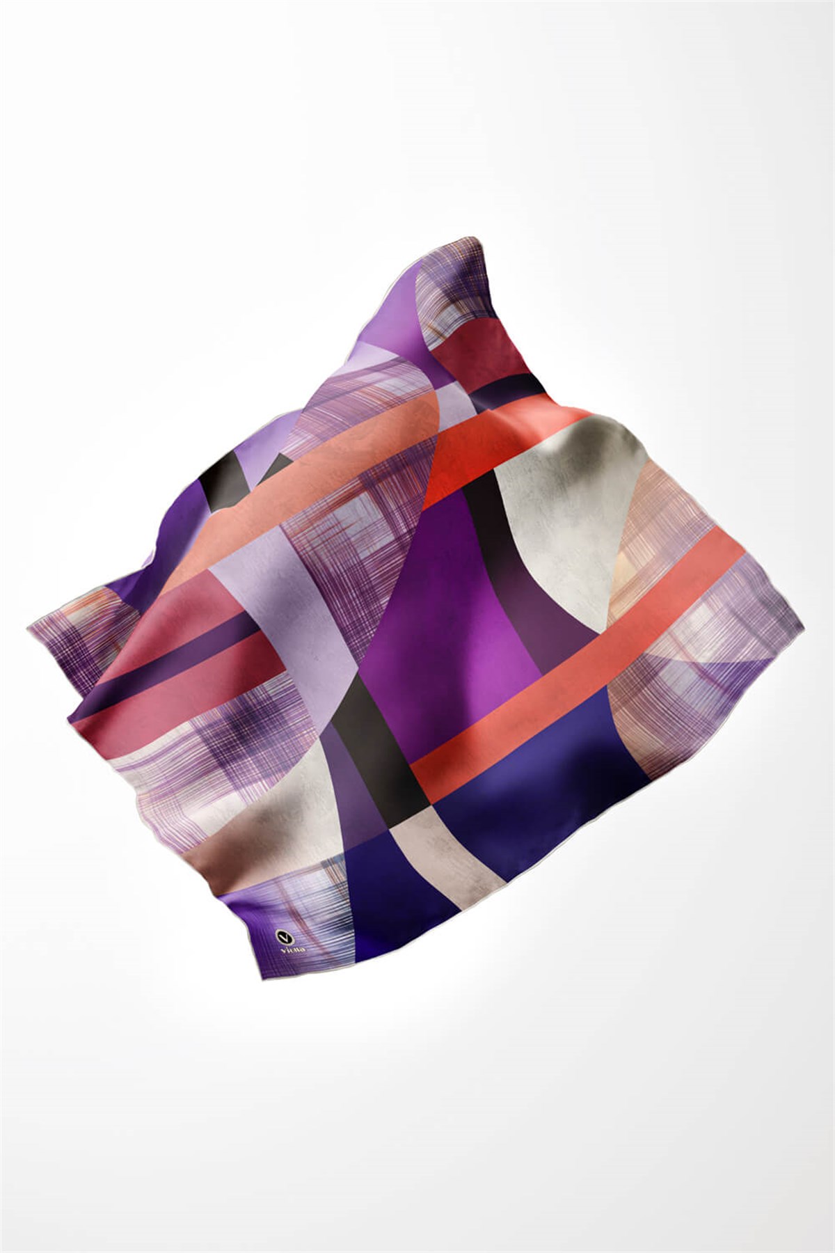 Twill Geometrik Desenli Mor Renkli 90x90 Eşarp (İpek İçermez) Kenar Dikiş Şekli El Dikişli