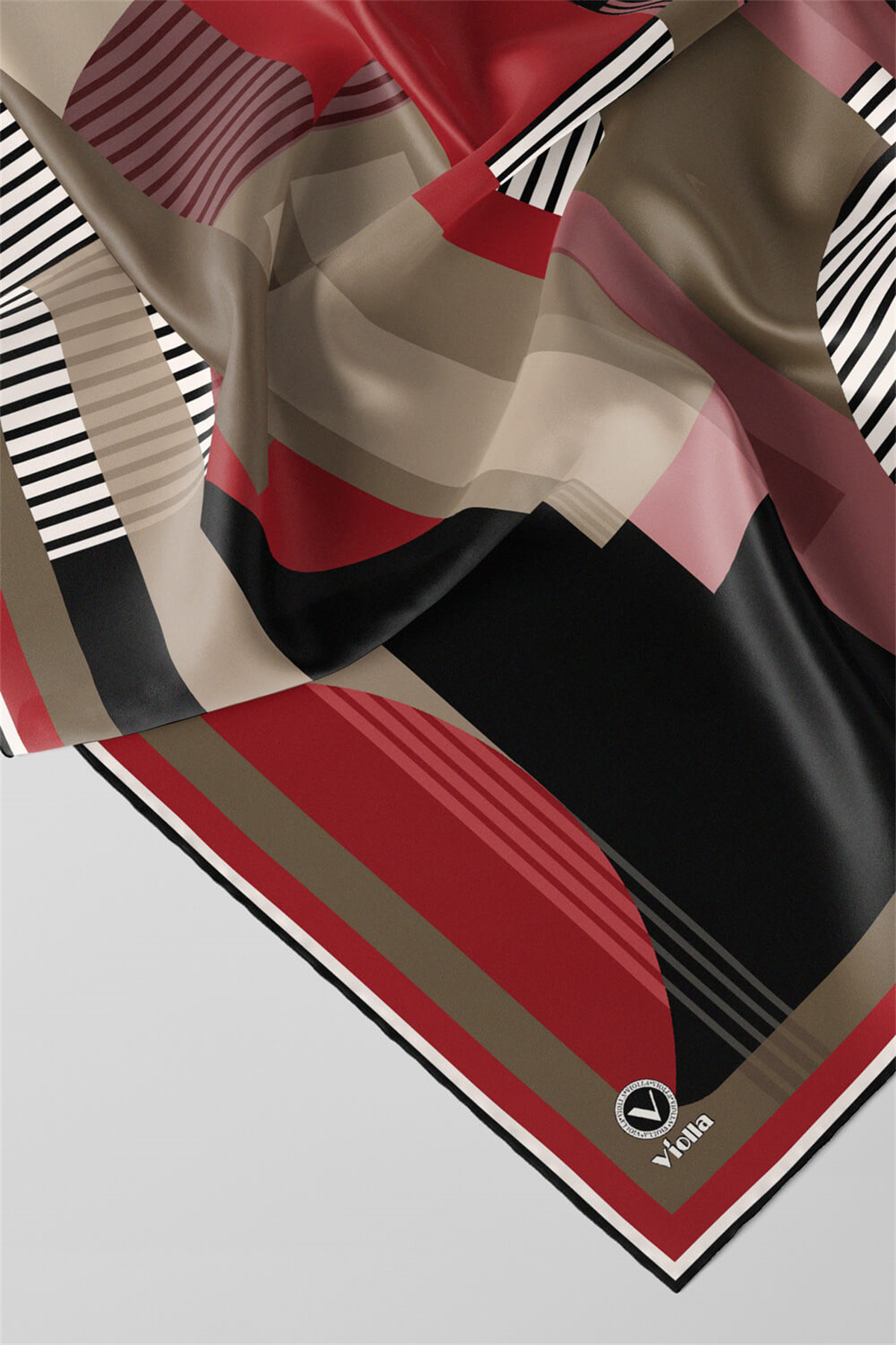 Twill Çizgili Ve Geometrik Desenli Bordo Renkli 90x90 Eşarp (İpek İçermez) Kenar Dikiş Şekli El Dikişli