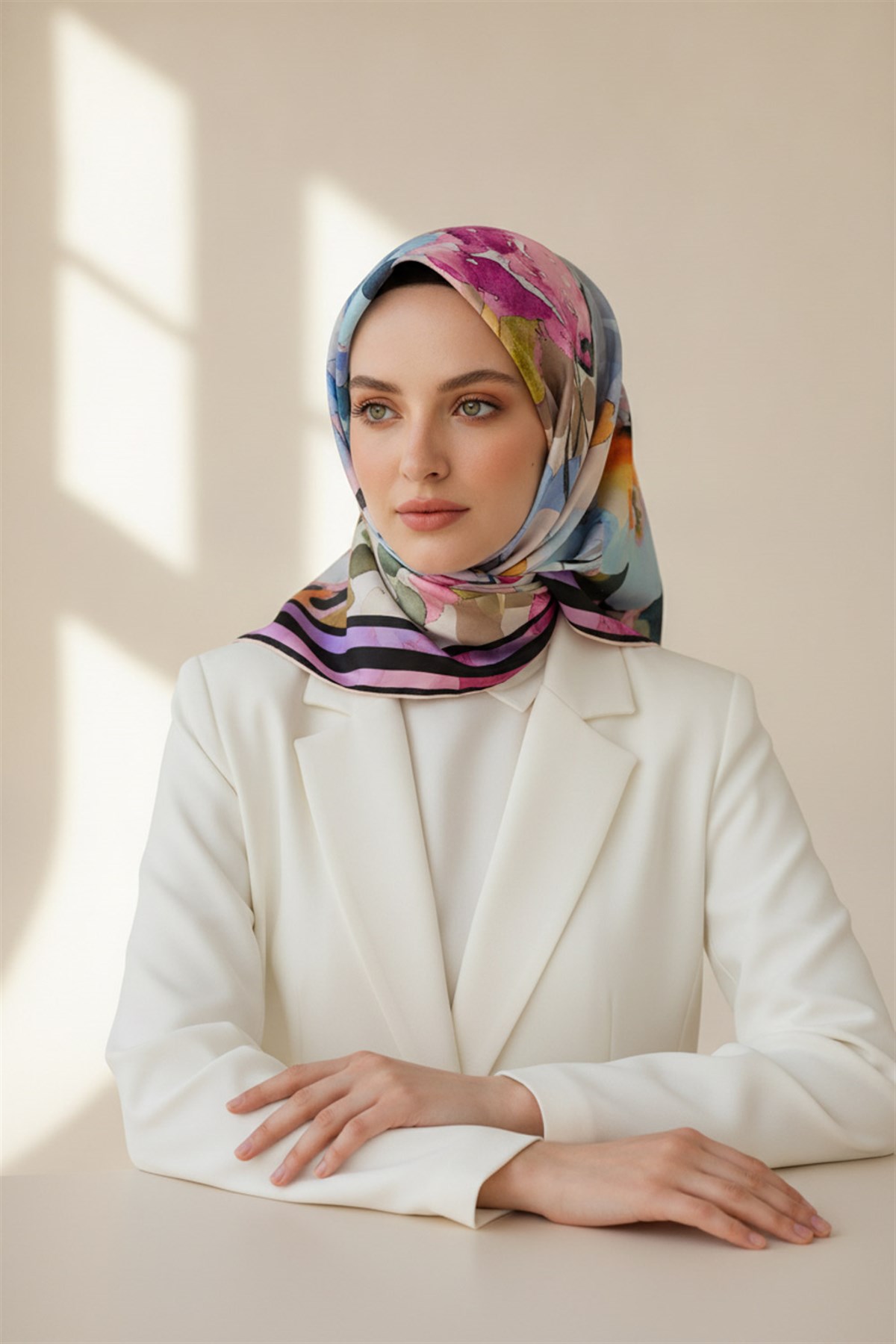 % 57 İPEK % 43 VİSKON Twill İpek Sulu Boyalı Çiçek Desenli Pembe - Bebe Mavisi Renkli 90x90 Eşarp Dikim Şekli : El Dikişi