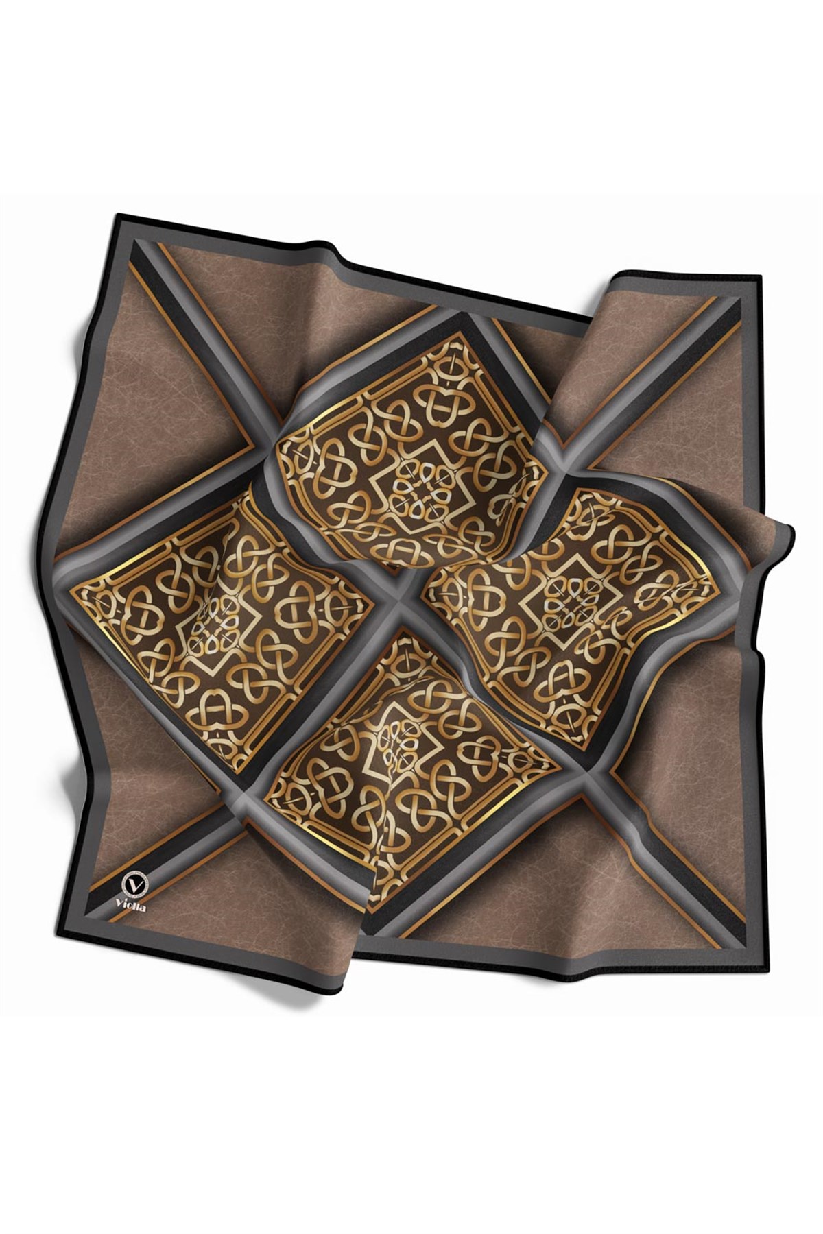 Twill Gold Çerçeveli Barok Desenli Bej Renkli 90x90 Eşarp (İpek İçermez) Kenar Dikiş Şekli El Dikişli