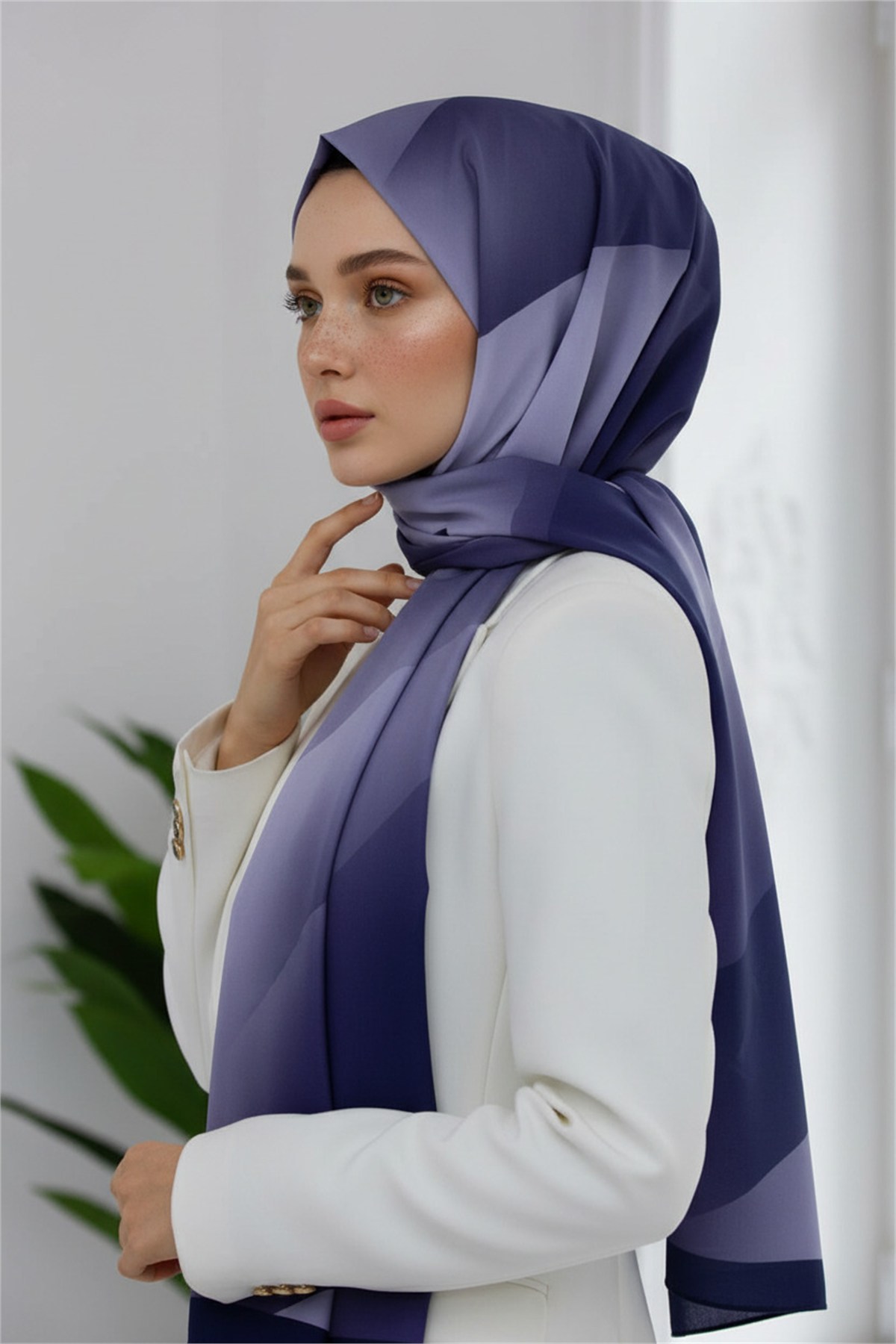KREP TONSÜRTON DESENLİ İNDİGO RENKLİ 75X195 KIRIŞMAZ ŞAL