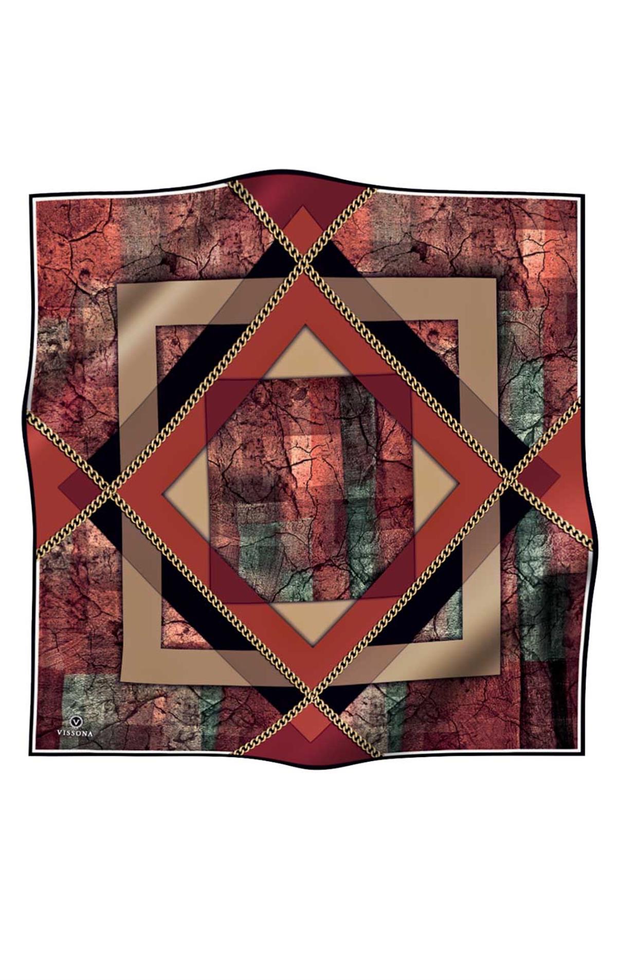 %100 Twill İpek Taş Efekti Desenli Taba - Siyah Renkli 90x90 Eşarp Dikim Şekli : El Dikişi